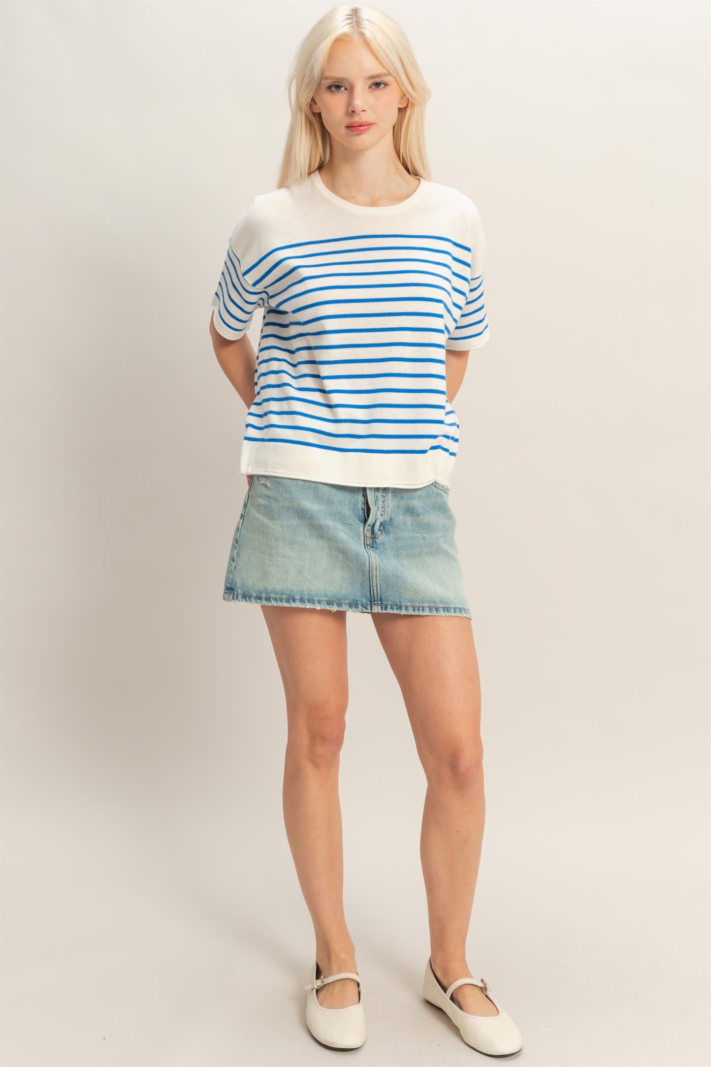 Wholesale Striped Short Sleeve Knit Top Clothing Tops DZ26A838 BLUE DOUBLE ZERO