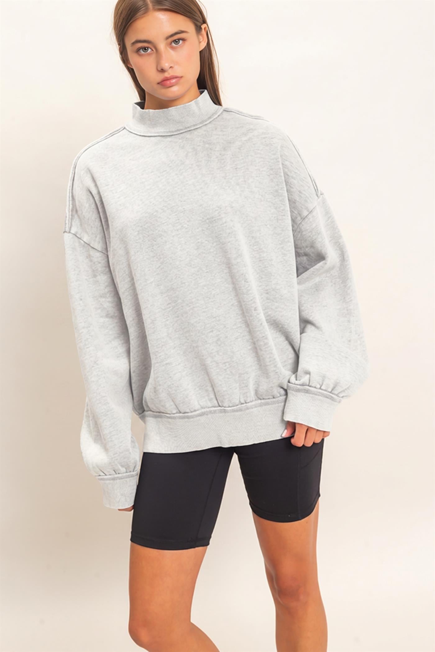 Wholesale Acid Washed Mock Neck Sweatshirt Sweatshirts DZ26E656 HEATHER GRAY DOUBLE ZERO