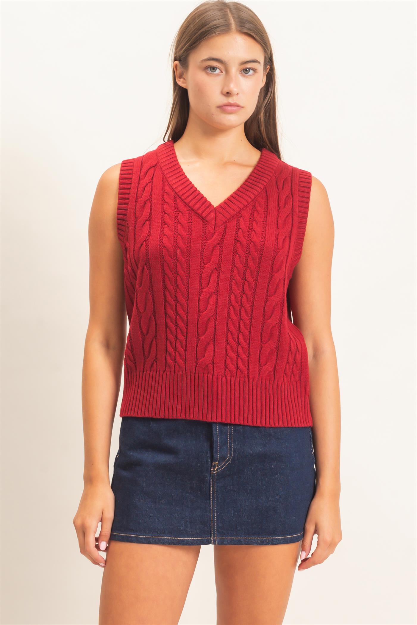 Wholesale Cable Knit V-Neck Sweater Vest Sweaters DZ26E548 BURGUNDY DOUBLE ZERO