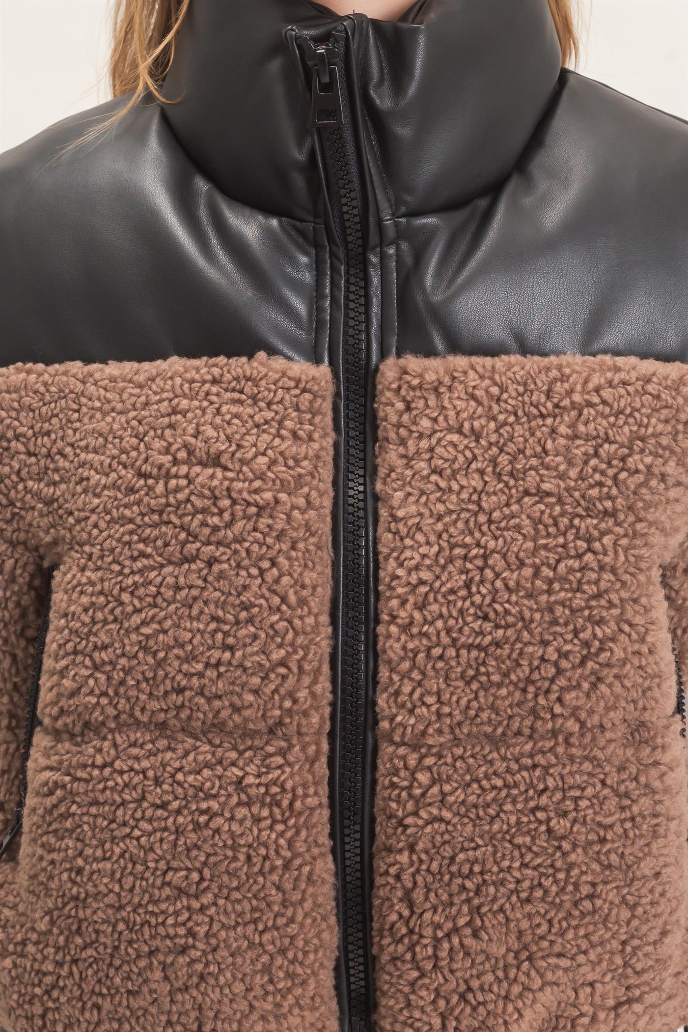 Wholesale Faux Fur & Pu Padded Vest Outerwear HF26F204 MOCHA HYFVE
