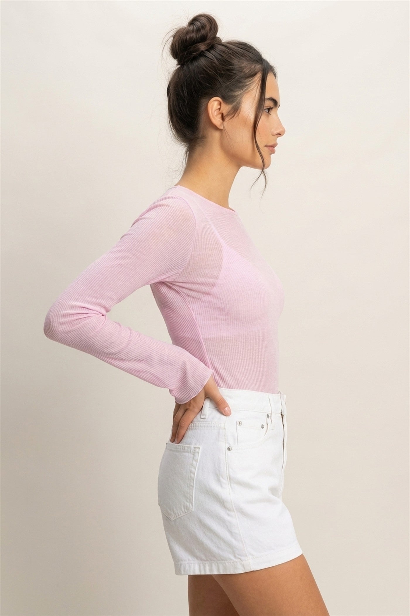 Wholesale Ribbed Long Sleeve Top Clothing Tops DZ24C196 PALE PINK DOUBLE ZERO