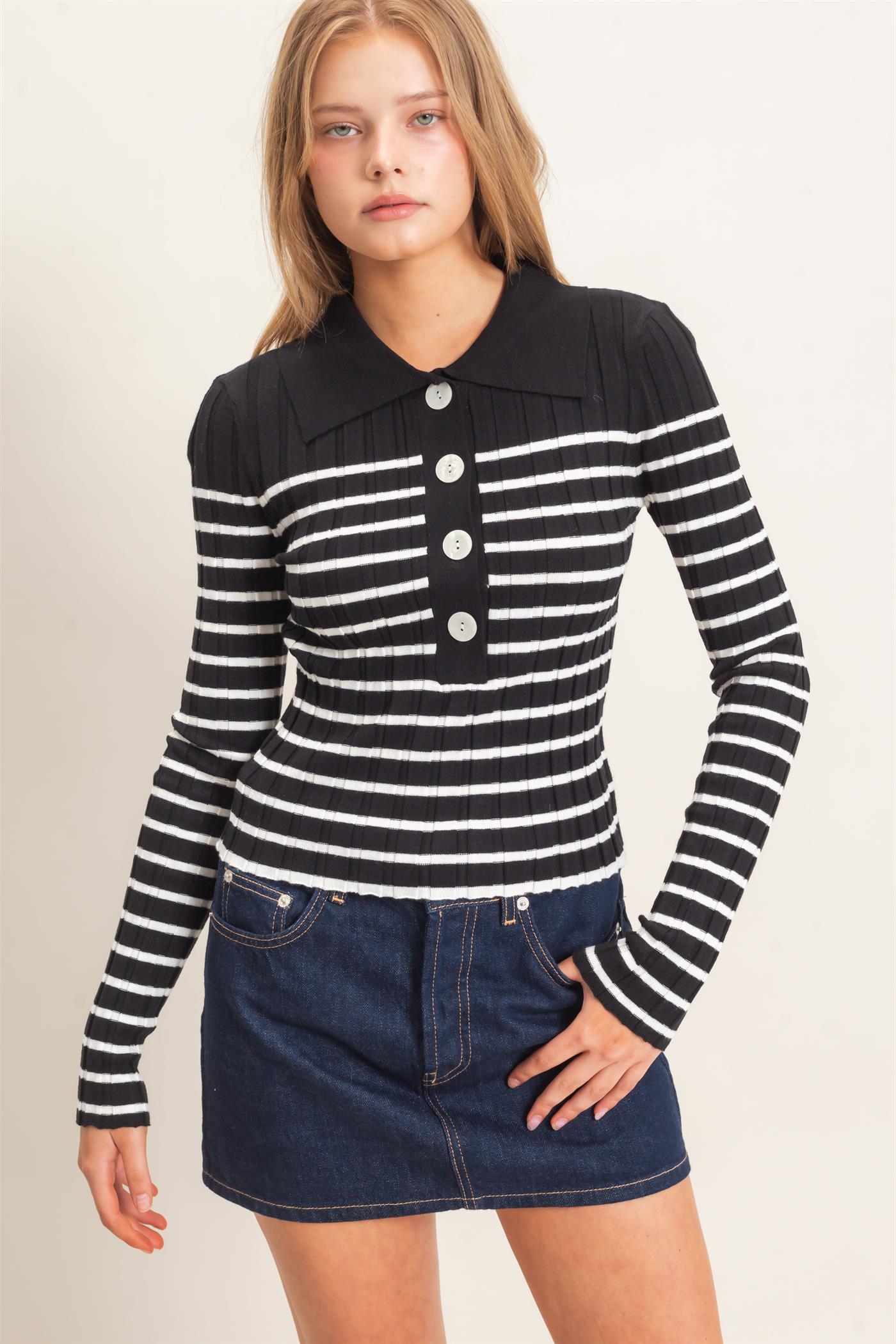 Wholesale Ribbed Collared Sweater Sweaters HF26E534 BLACK HYFVE