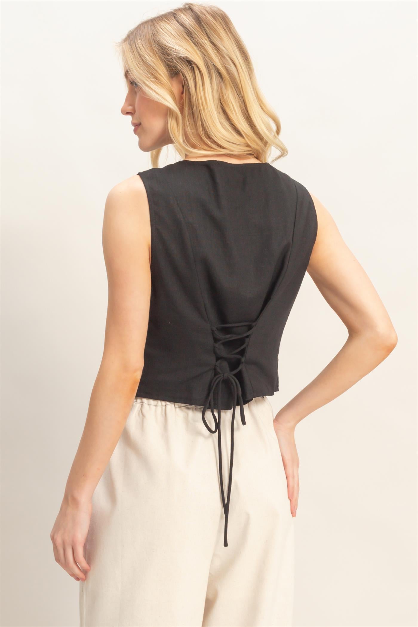 Wholesale Sleeveless Button Front Top Clothing Tops HF26A583 BLACK HYFVE