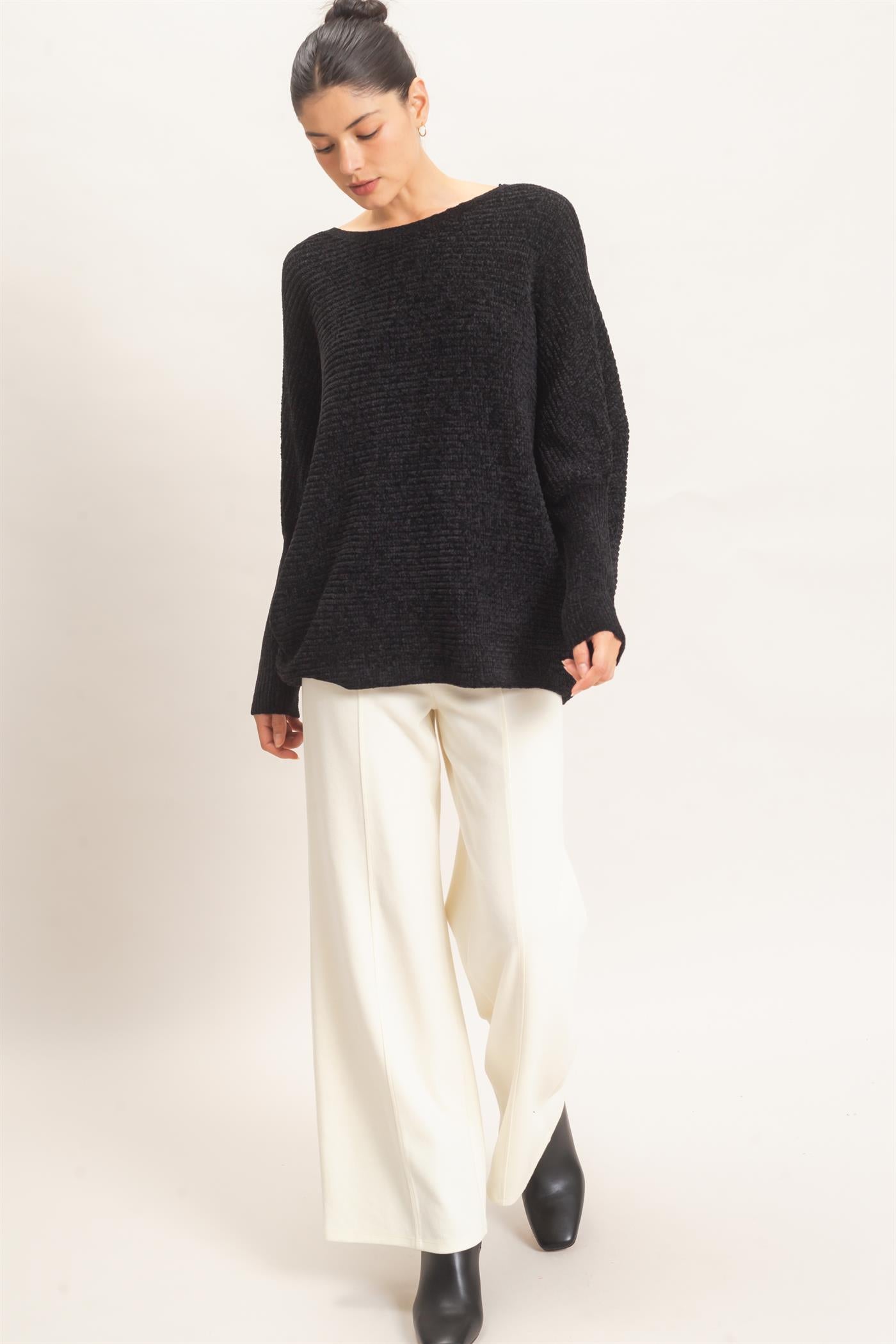 Wholesale Chenille Boat Neck Dolman Sleeve Sweater Sweaters HF26F185 BLACK HYFVE