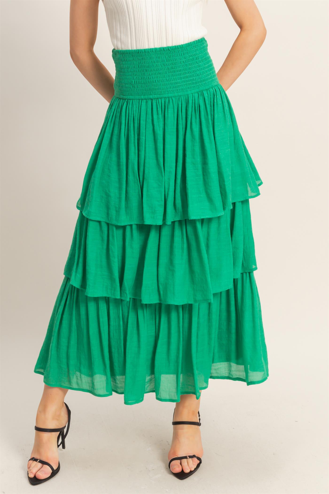Wholesale Tiered Smocked Waist Skirt Skirts HF26C188-D GREEN HYFVE
