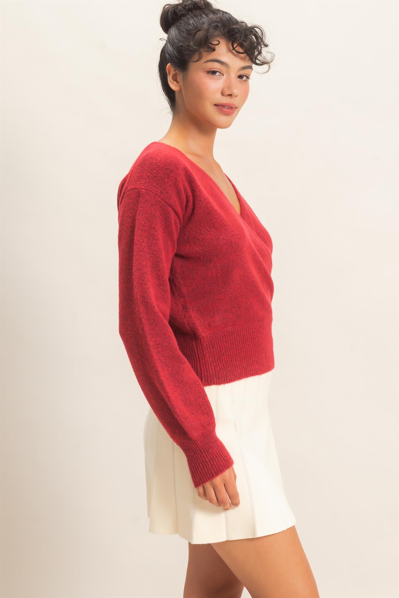 Wholesale Wrap V Neck Sweater Sweaters DZ26E948 DARK RED DOUBLE ZERO