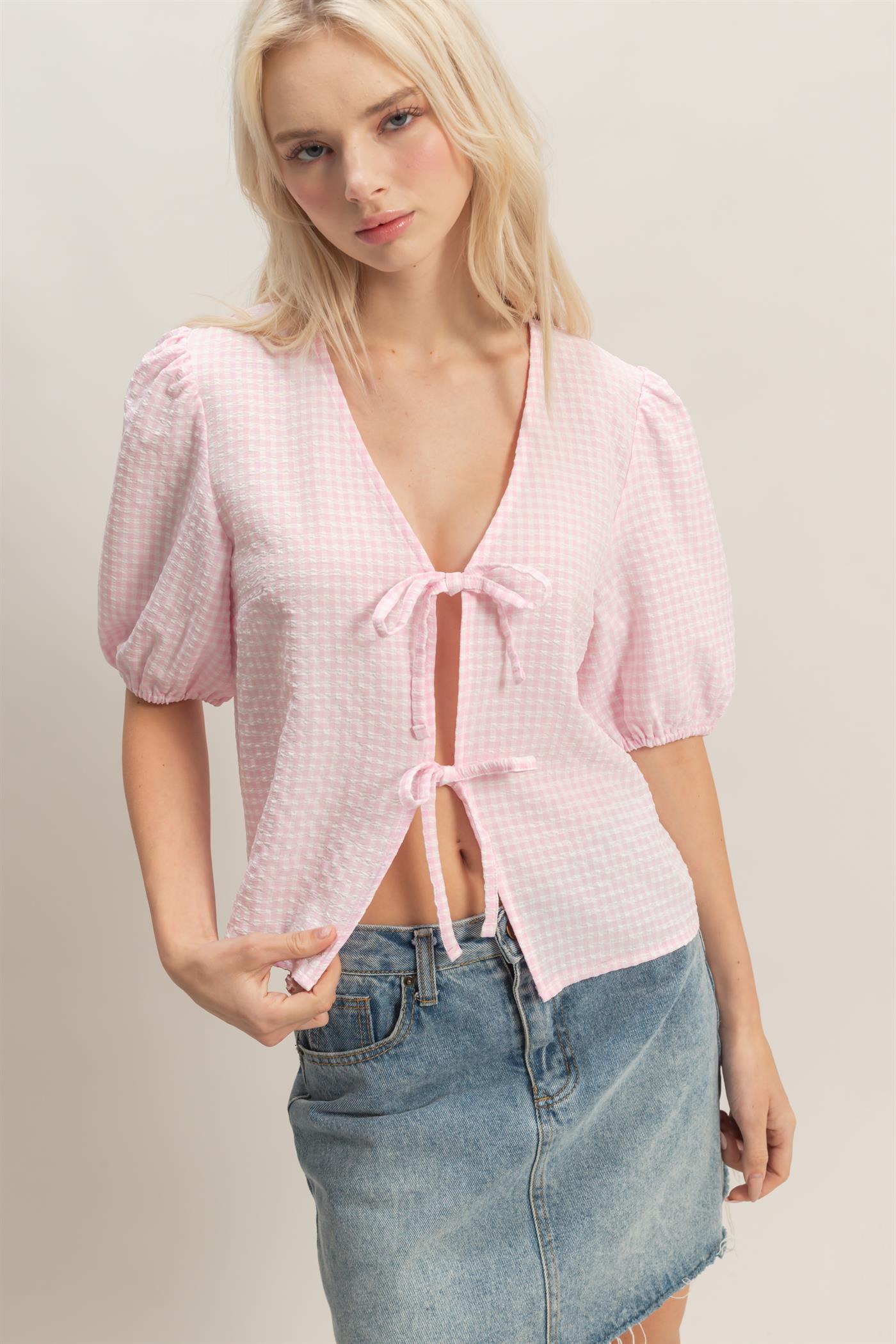 Wholesale Gingham Bow Tie Puff Sleeve Blouse Blouses DZ26C229 PINK DOUBLE ZERO