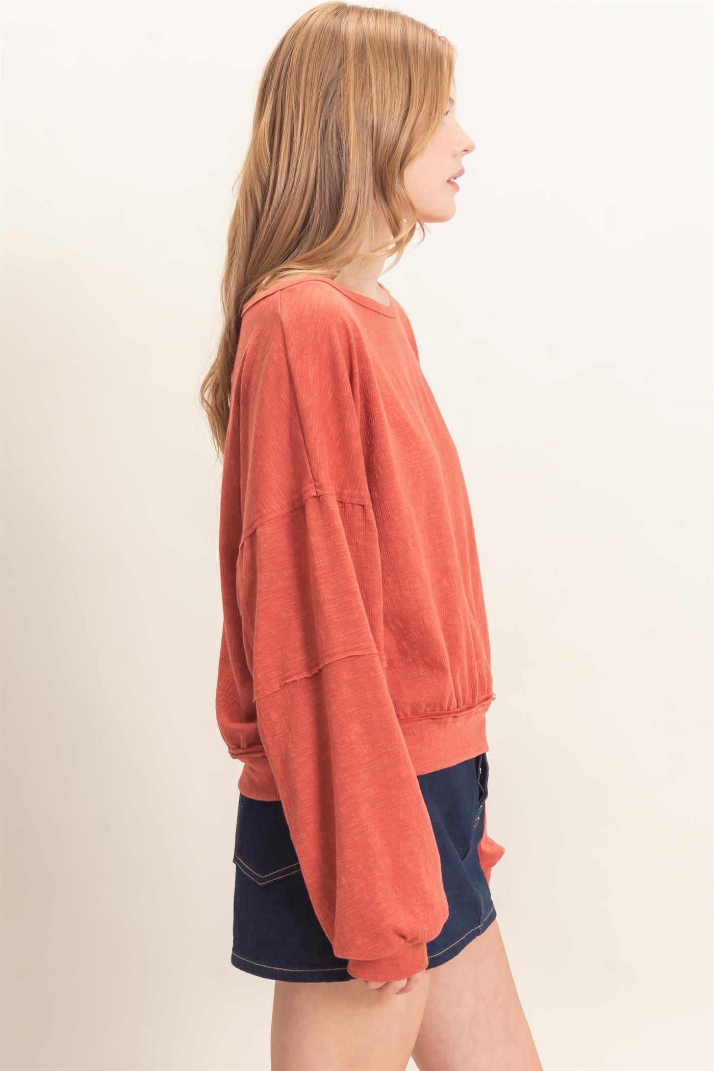 Wholesale Relaxed Boat Neck Long Sleeve Top Clothing Tops HF25F340 BRICK HYFVE