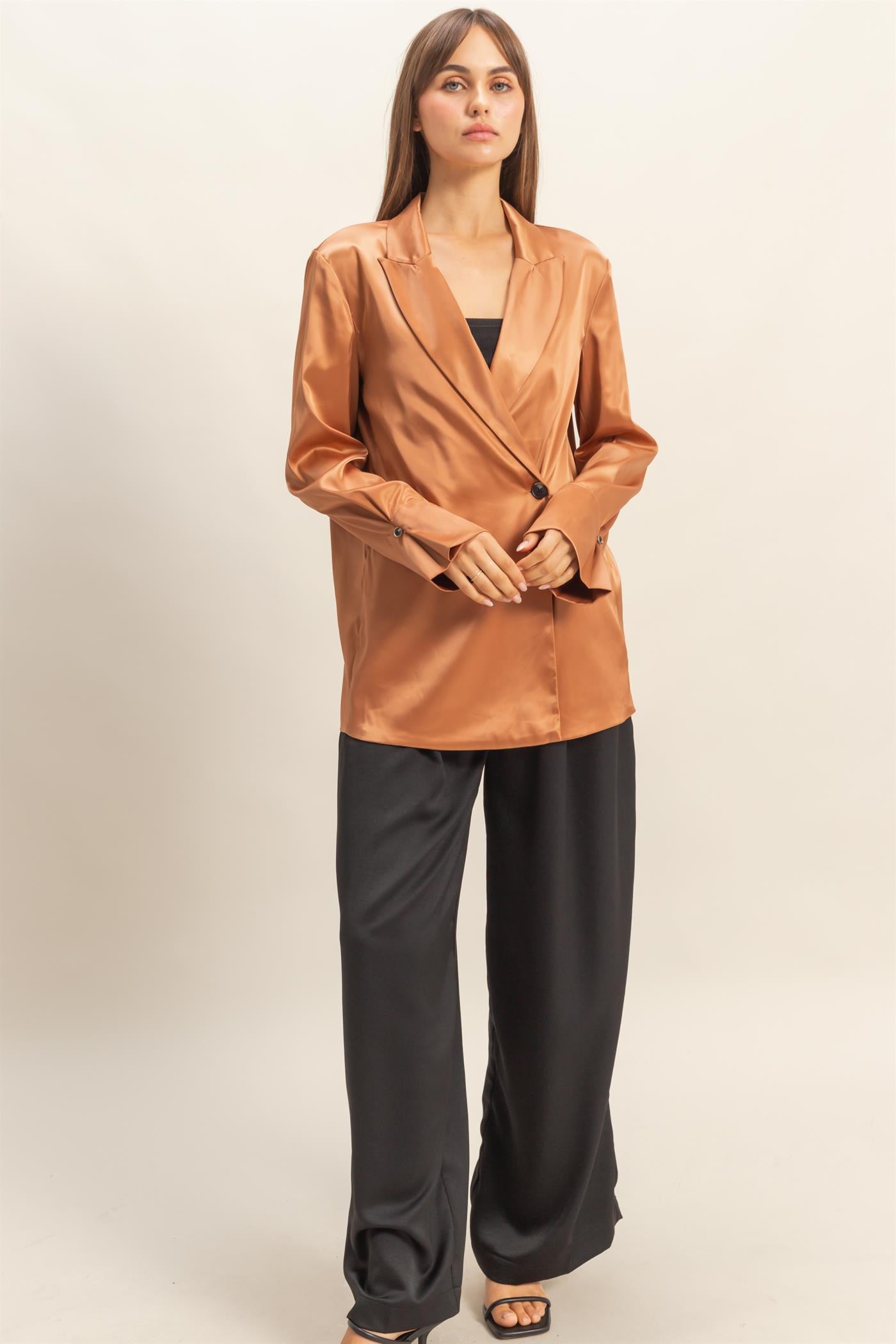 Wholesale Satin Long Sleeve Blazer Coats & Jackets HF23G242 BROWN HYFVE