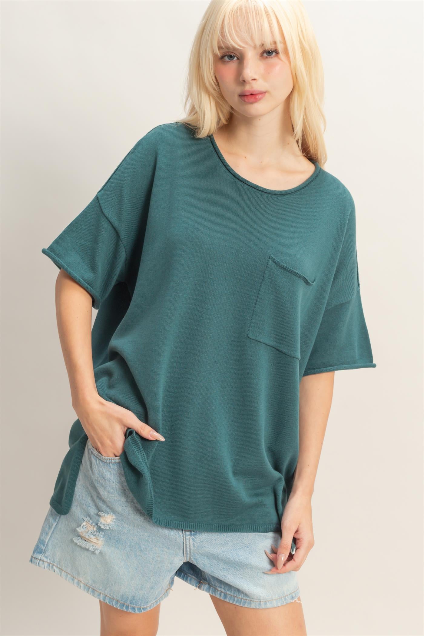 Wholesale Oversized Short Sleeve Round Neck Pocket Knit Top Clothing Tops DZ26A691 DARK TEAL DOUBLE ZERO