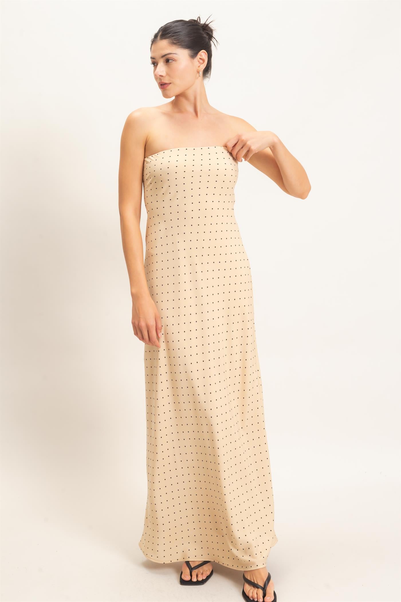 Wholesale Strapless Polka Dot Maxi Dress Dresses HF26E845 BEIGE HYFVE