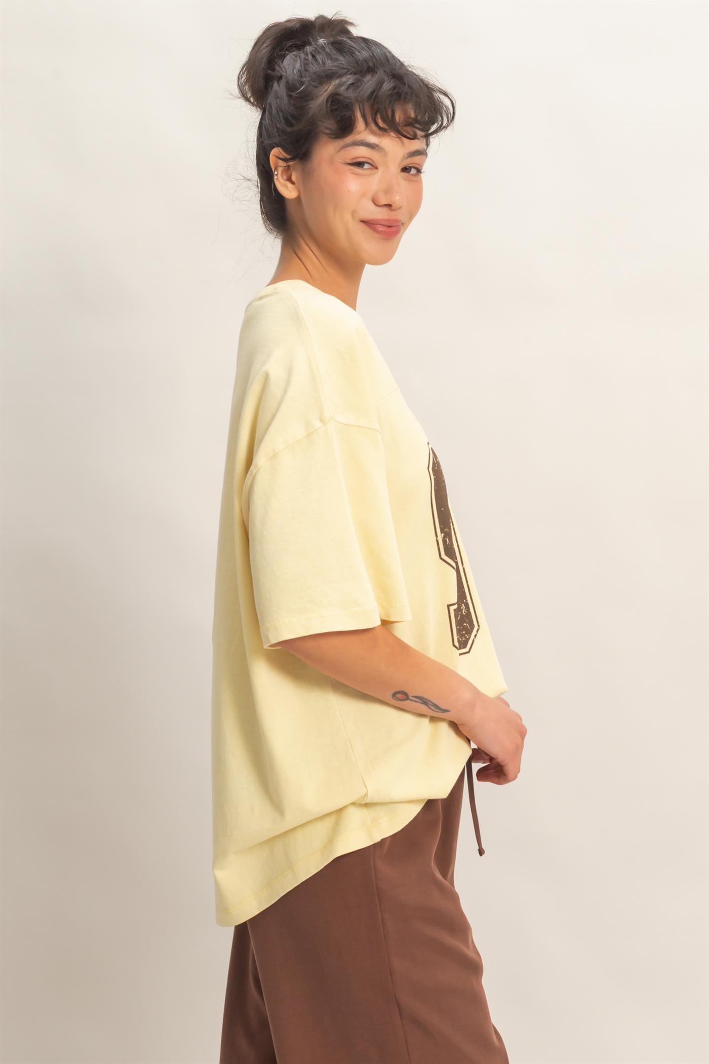 Wholesale Oversized Varsity Style V-Neck Graphic T-Shirt T-Shirts DZ26C200 PALE YELLOW DOUBLE ZERO