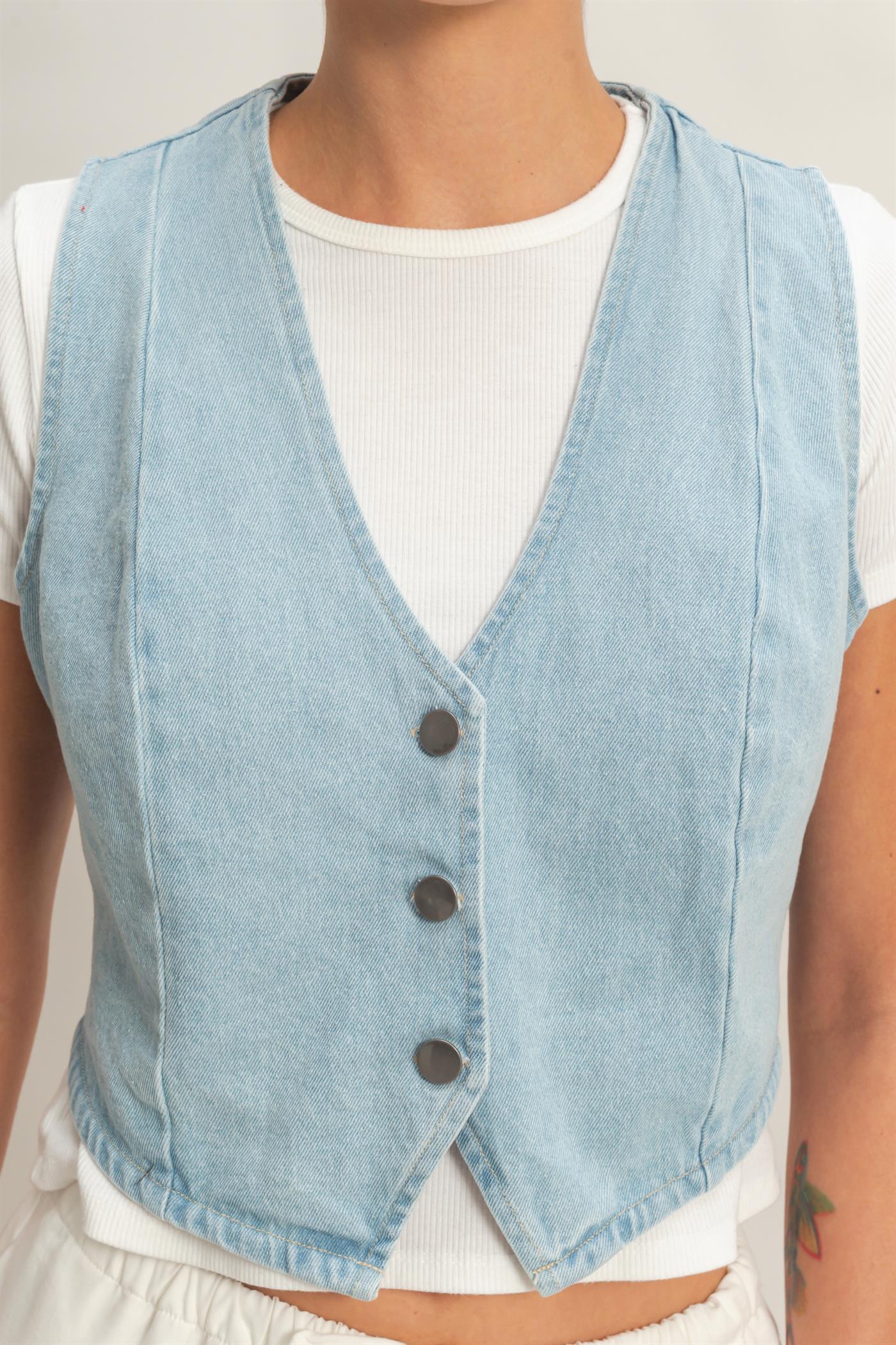 Wholesale V-Neck Sleeveless Denim Vest Clothing Tops DZ26C736 LIGHT BLUE DOUBLE ZERO