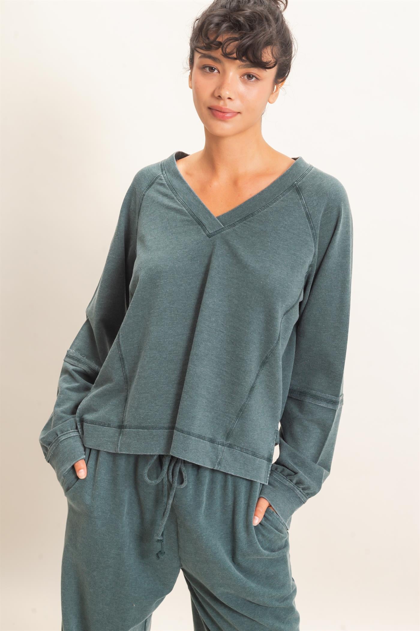 Wholesale Mineral Wash V-Neck Seam Detail Sweatshirt Sweatshirts DZ26F014 DARK GREEN DOUBLE ZERO