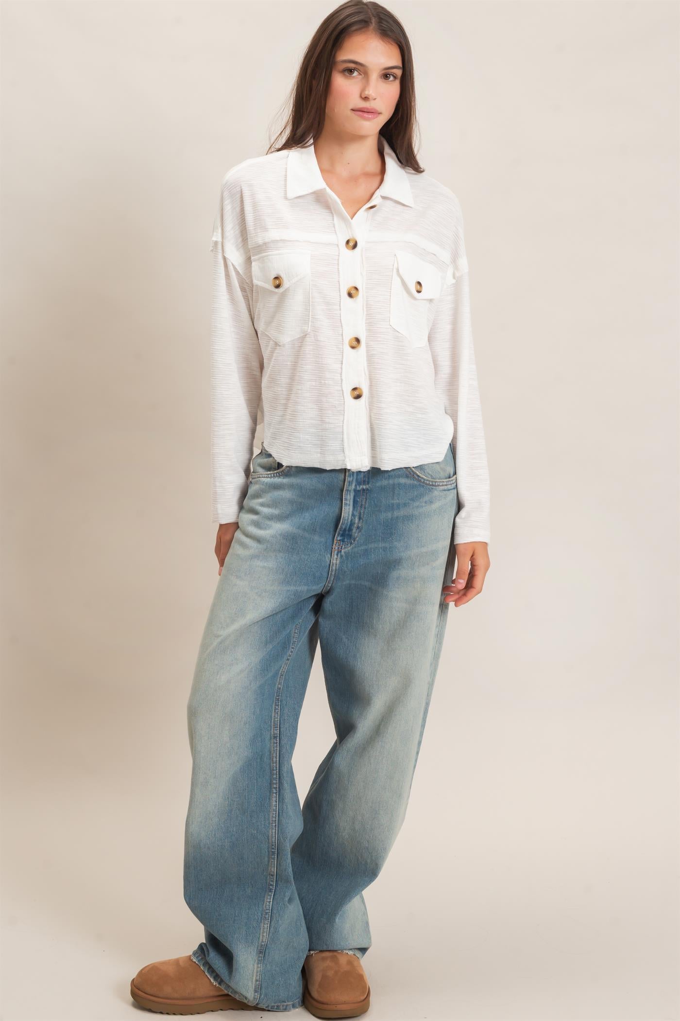 Wholesale Textured Button-Up Shirt Clothing Tops HF26C878 WHITE HYFVE