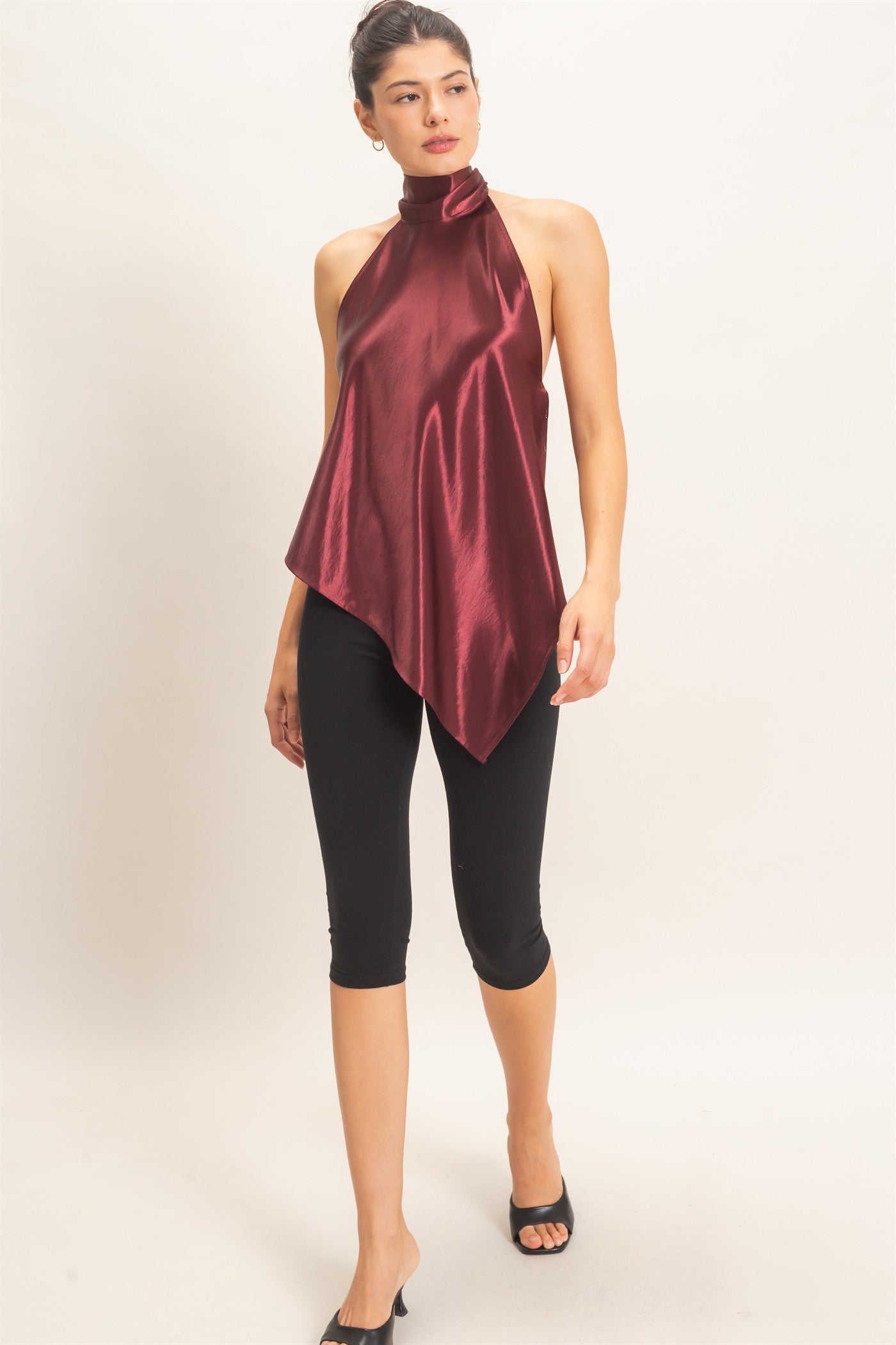Wholesale Asymmetrical Satin Halter Top Blouses HF26F114 WINE HYFVE