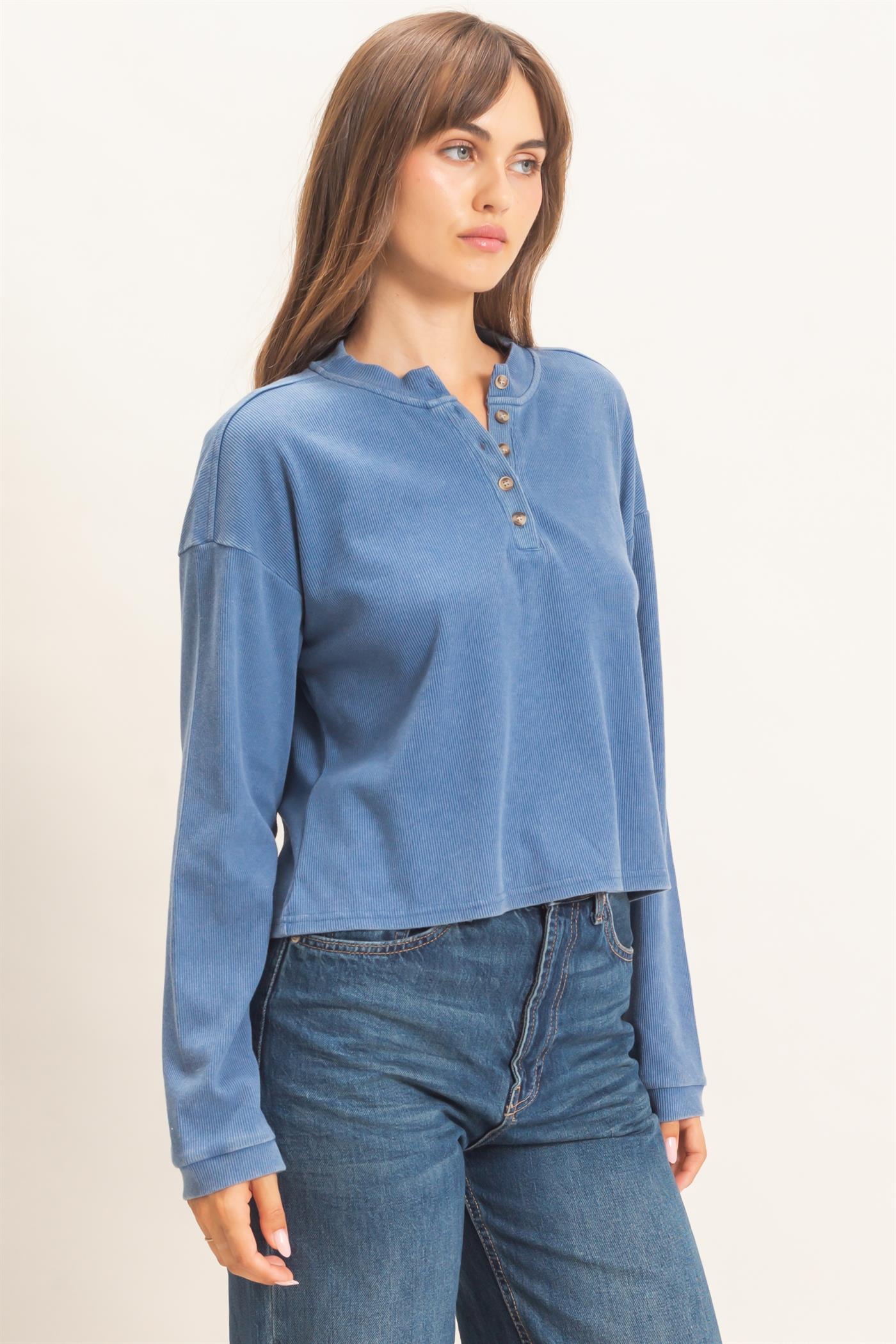 Wholesale Buttoned Henley Top Clothing Tops HF26F081 BLUE HYFVE