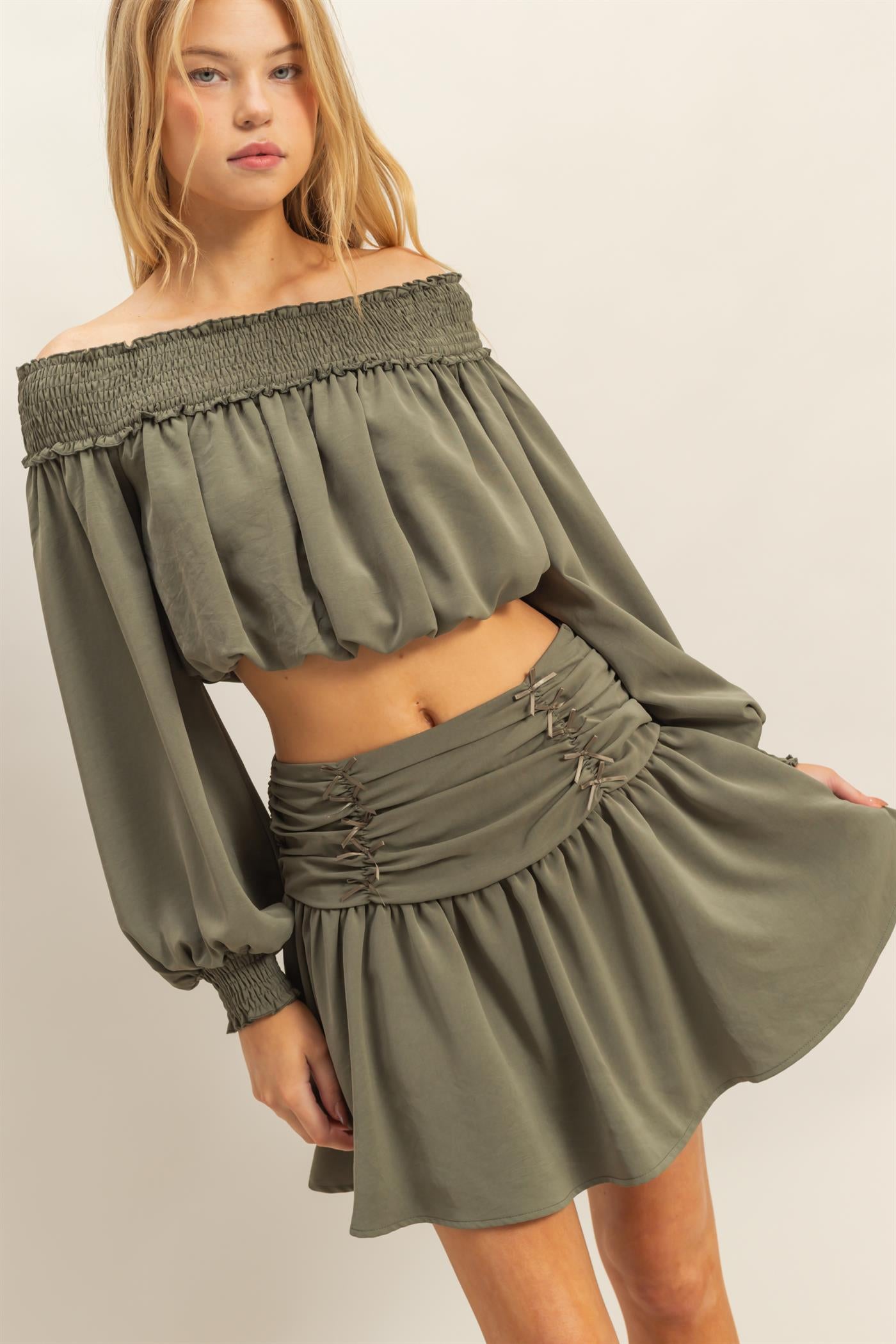 Wholesale Romantic Off Shoulder Top And Gathered Skirt Set Clothing HF25A243-SET OLIVE HYFVE