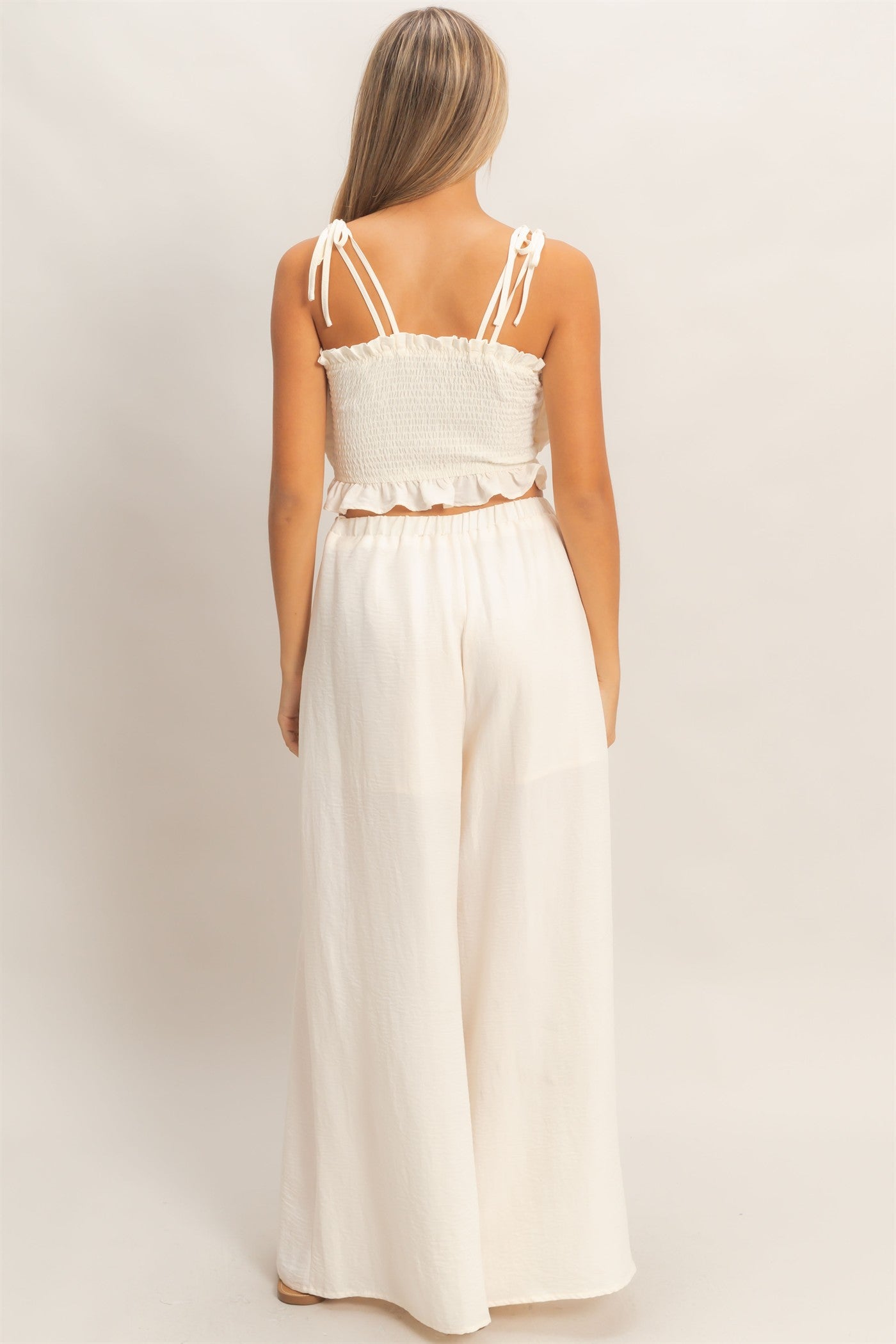 Wholesale Ruffle Smocked Bust Top & Wide Pants Clothing HF26A502-SET-D OFF WHITE HYFVE
