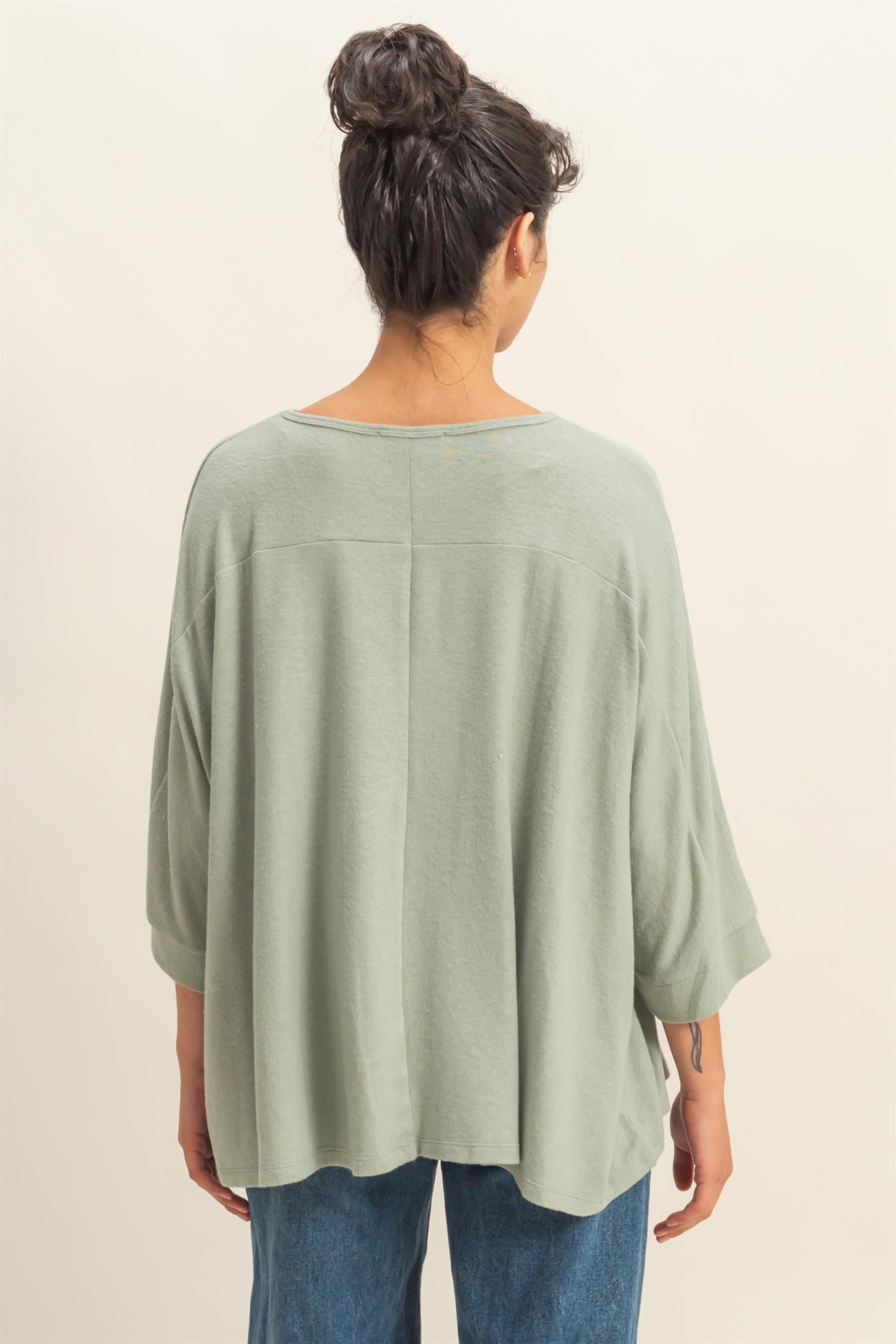 Wholesale Batwing 3/4 Sleeve Oversized Top Clothing Tops DZ25E133 SAGE GREEN DOUBLE ZERO