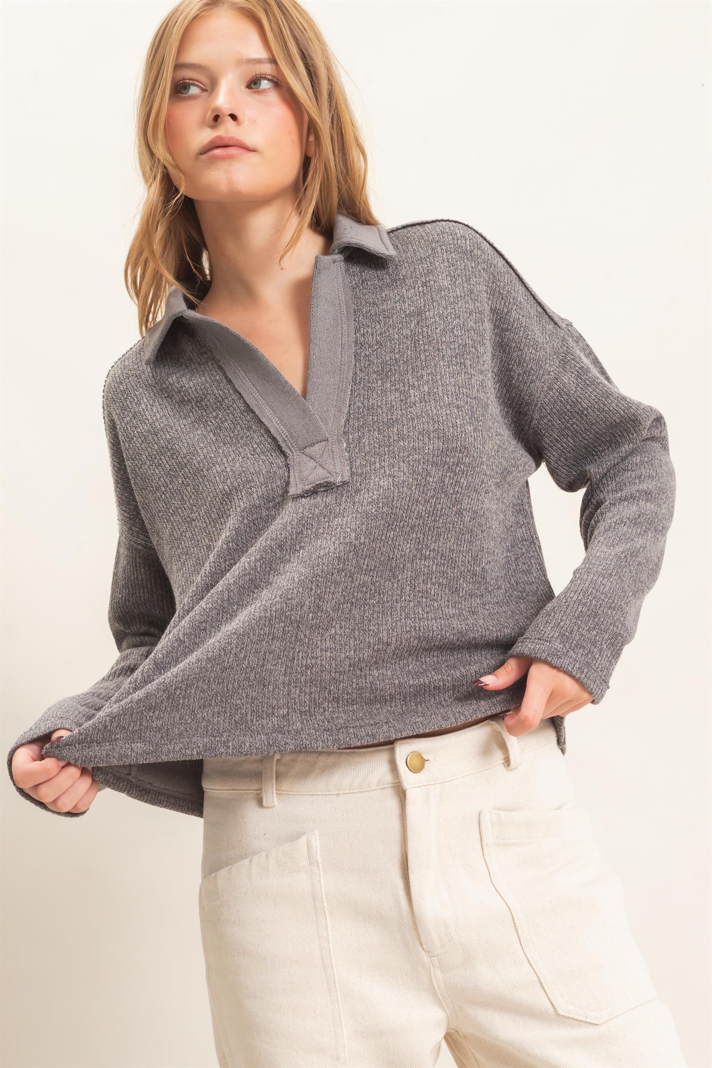Wholesale Ribbed Collared Pullover Top Clothing Tops HF26E472 GRAY HYFVE