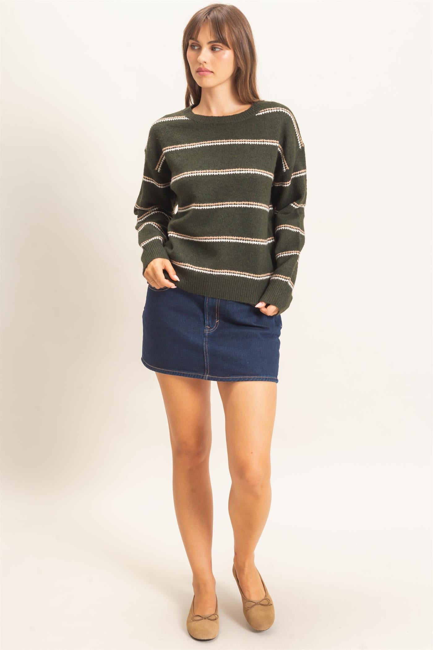 Wholesale Striped Crew Neck Sweater Sweaters HF26E696-D DARK OLIVE HYFVE