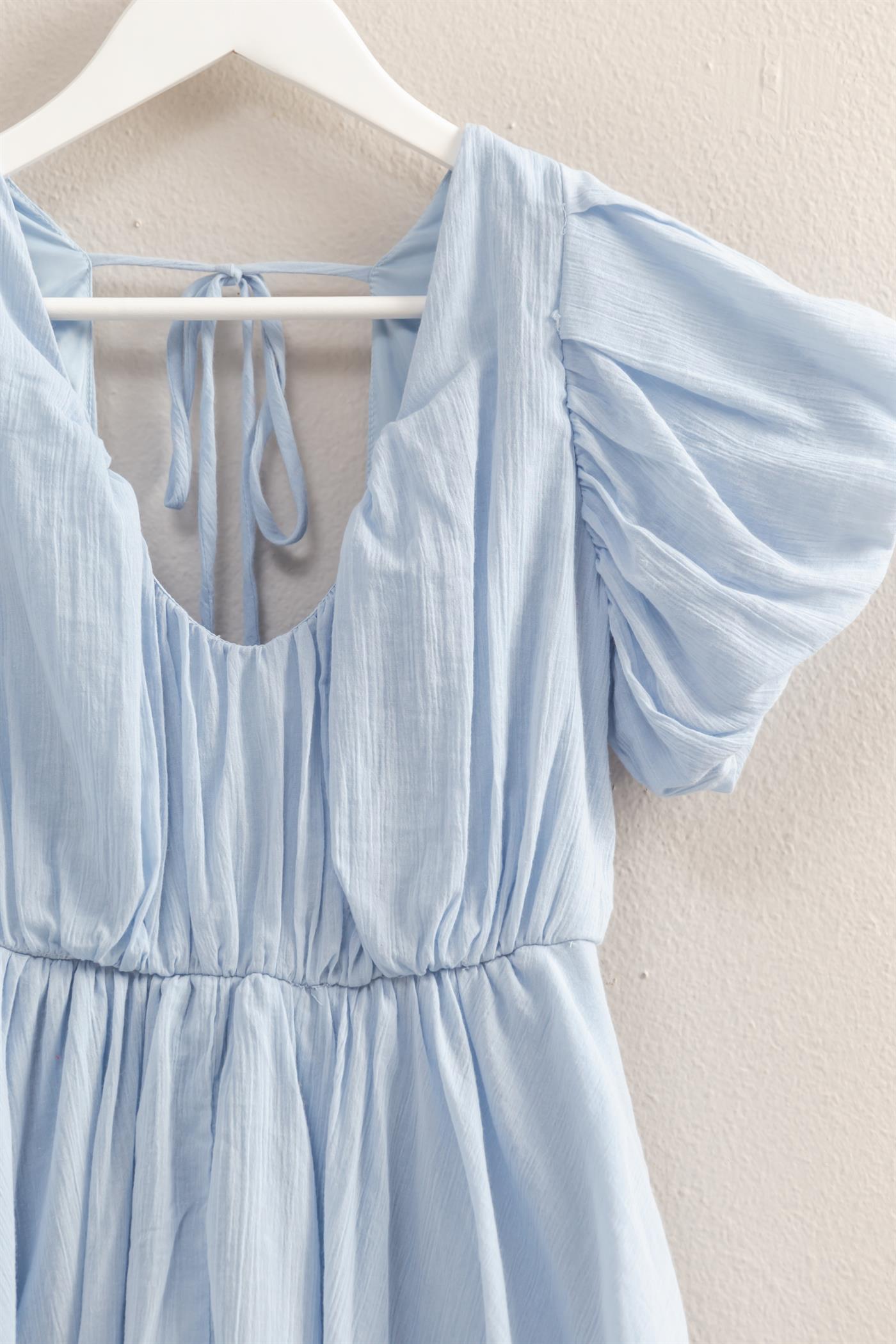 Wholesale V-Neck Puff Sleeve Flowy Mini Dress Dresses HF25A226 L.BLUE HYFVE