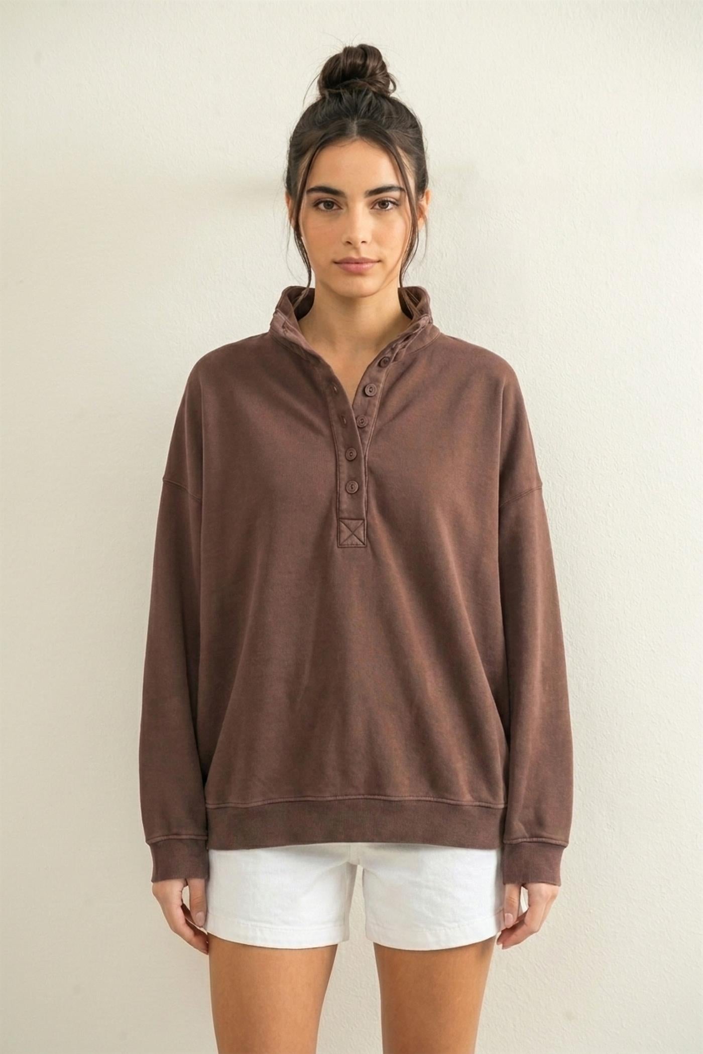 Wholesale Mineral Wash Button Front Sweatshirt Sweatshirts DZ26C909 DARK BROWN DOUBLE ZERO