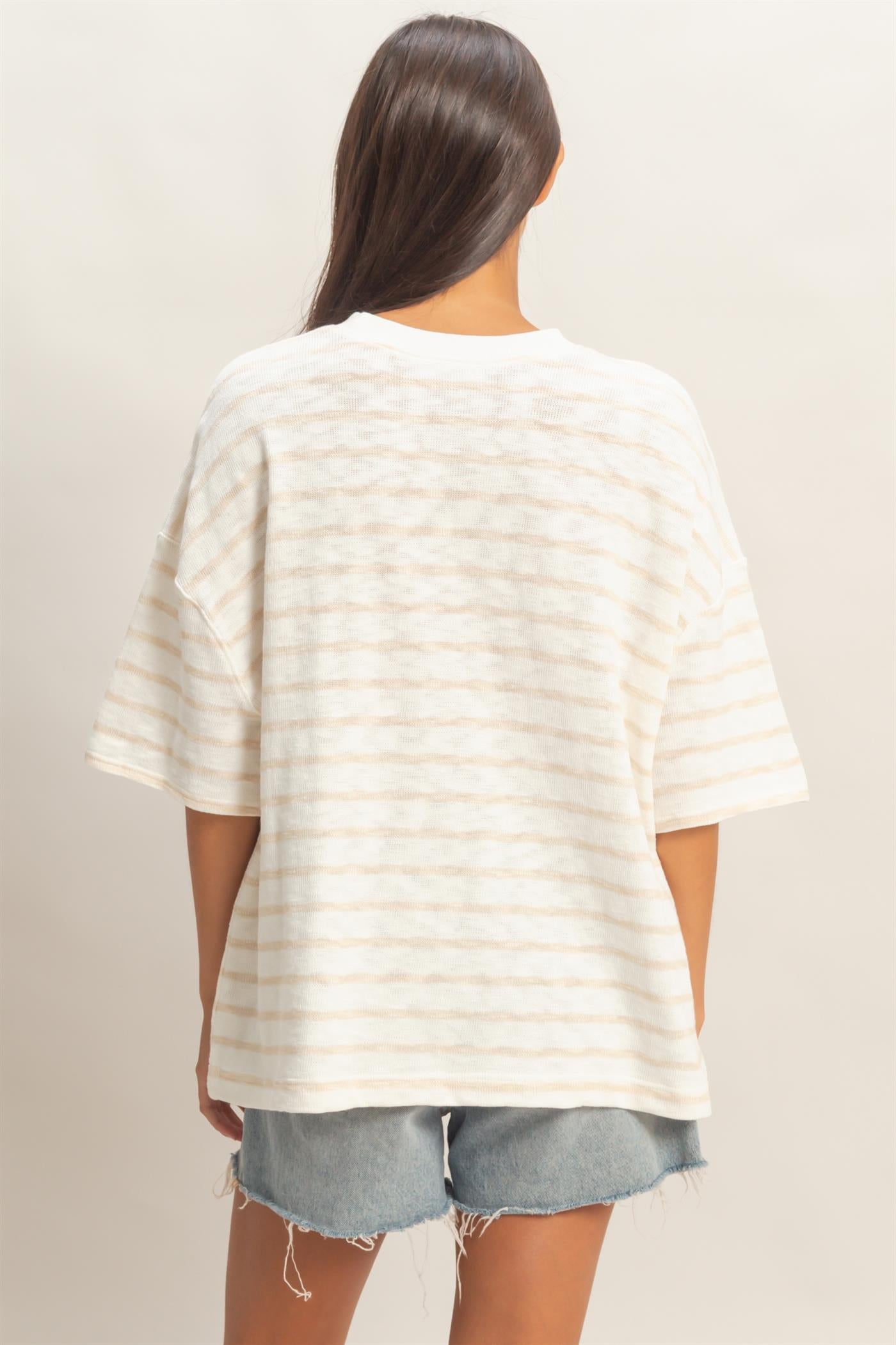 Wholesale Oversized Striped V-Stitch Short Sleeve Top Clothing Tops DZ26A455 TAUPE DOUBLE ZERO