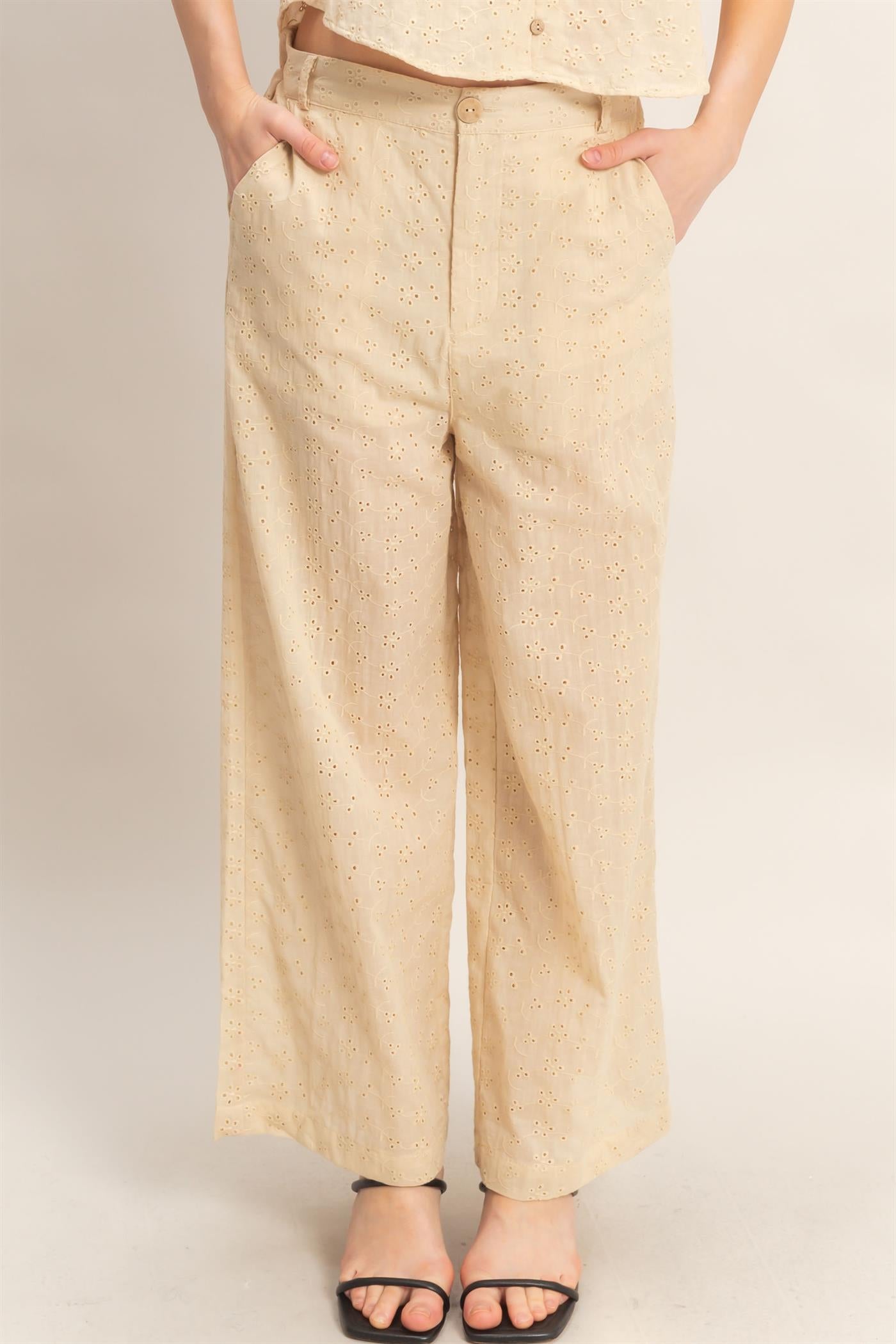 Wholesale Floral Eyelet Pants Pants HF26C542 NATURAL HYFVE