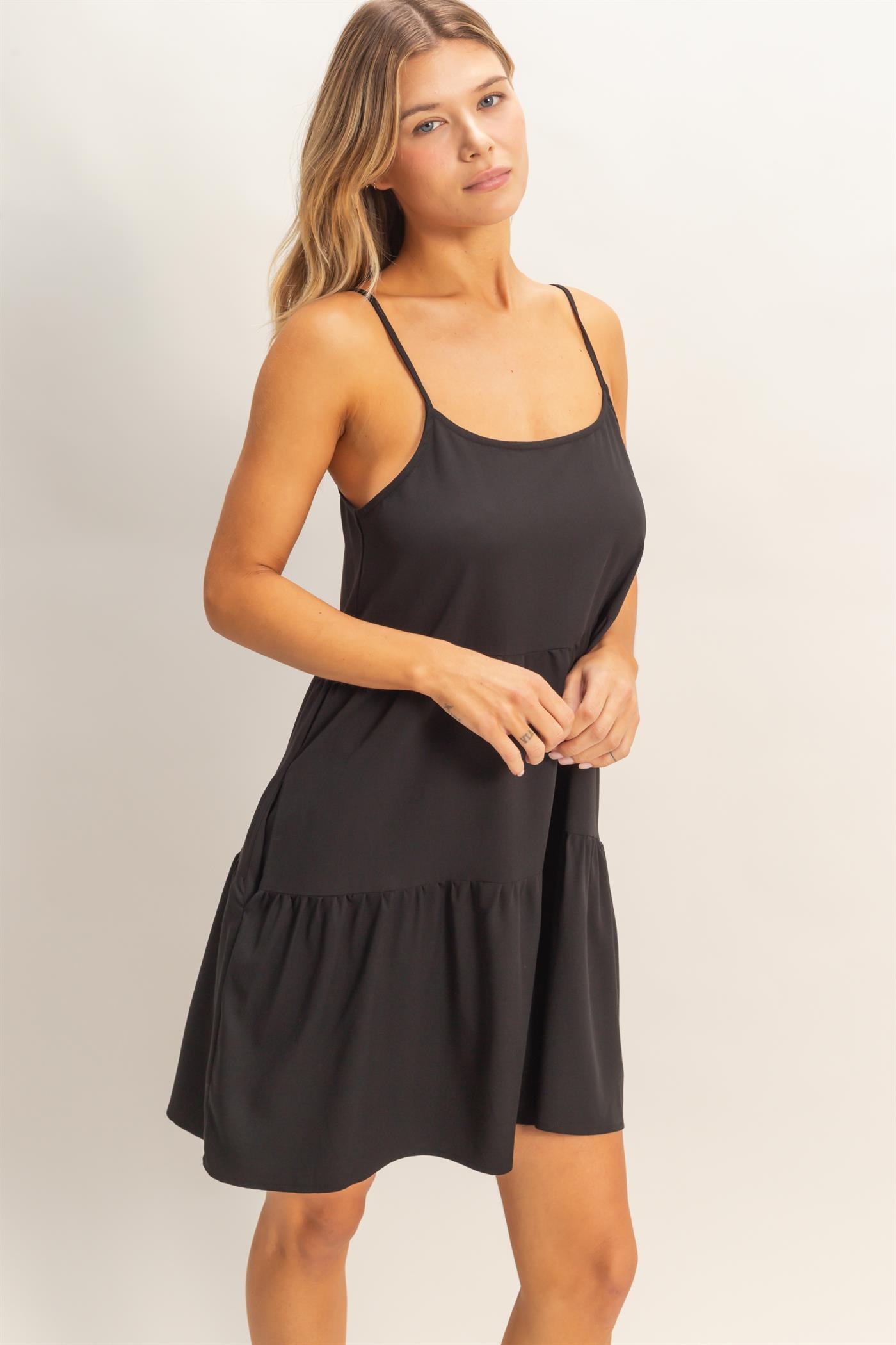 Wholesale Tiered Spaghetti Strap Dress Dresses HF26E426-D BLACK HYFVE