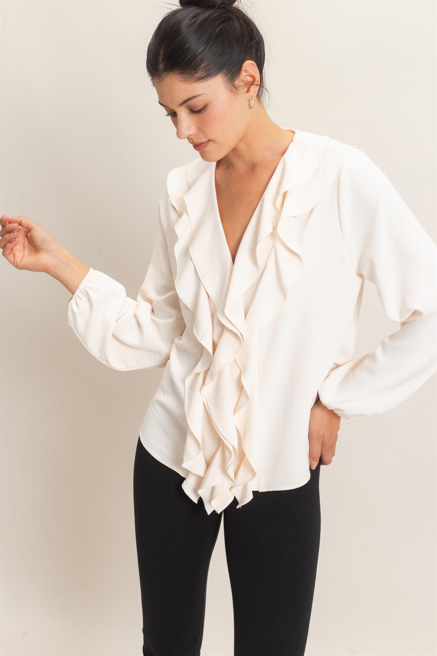 Wholesale Ruffled V-Neck Button-Up Blouse Blouses HF26C739 ALPACA HYFVE