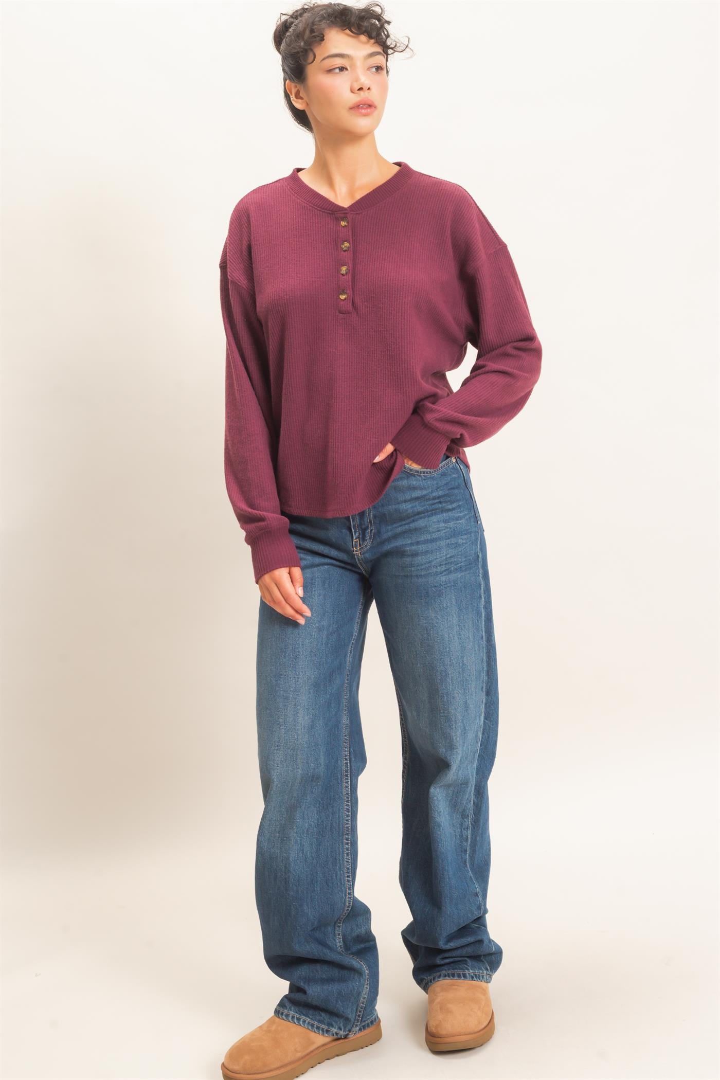 Wholesale Brushed Waffle Henley Top Clothing Tops DZ26F314 DARK CHERRY DOUBLE ZERO