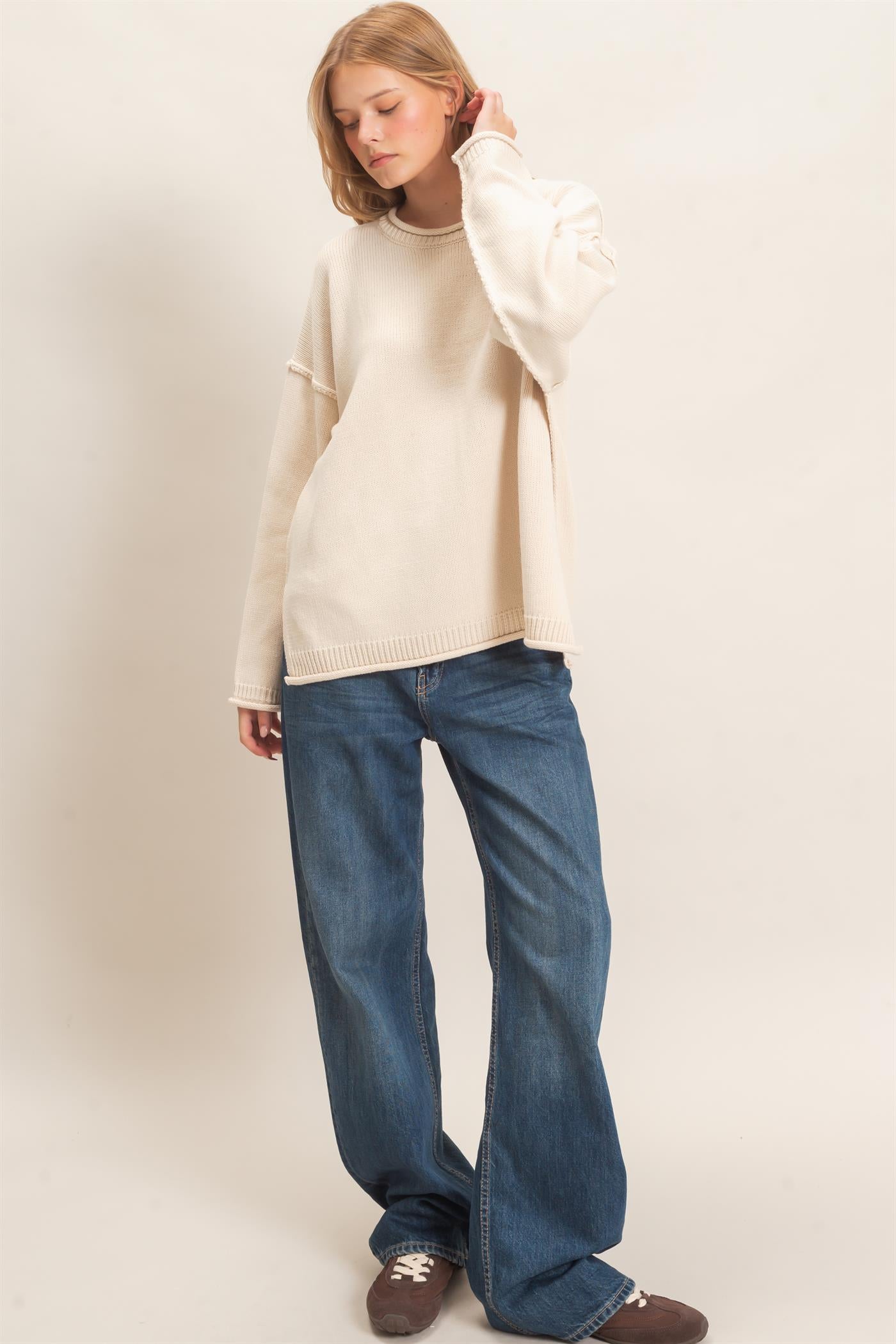 Wholesale Ribbed Crew Neck Sweater Sweaters HF26E769 SAND IVORY HYFVE
