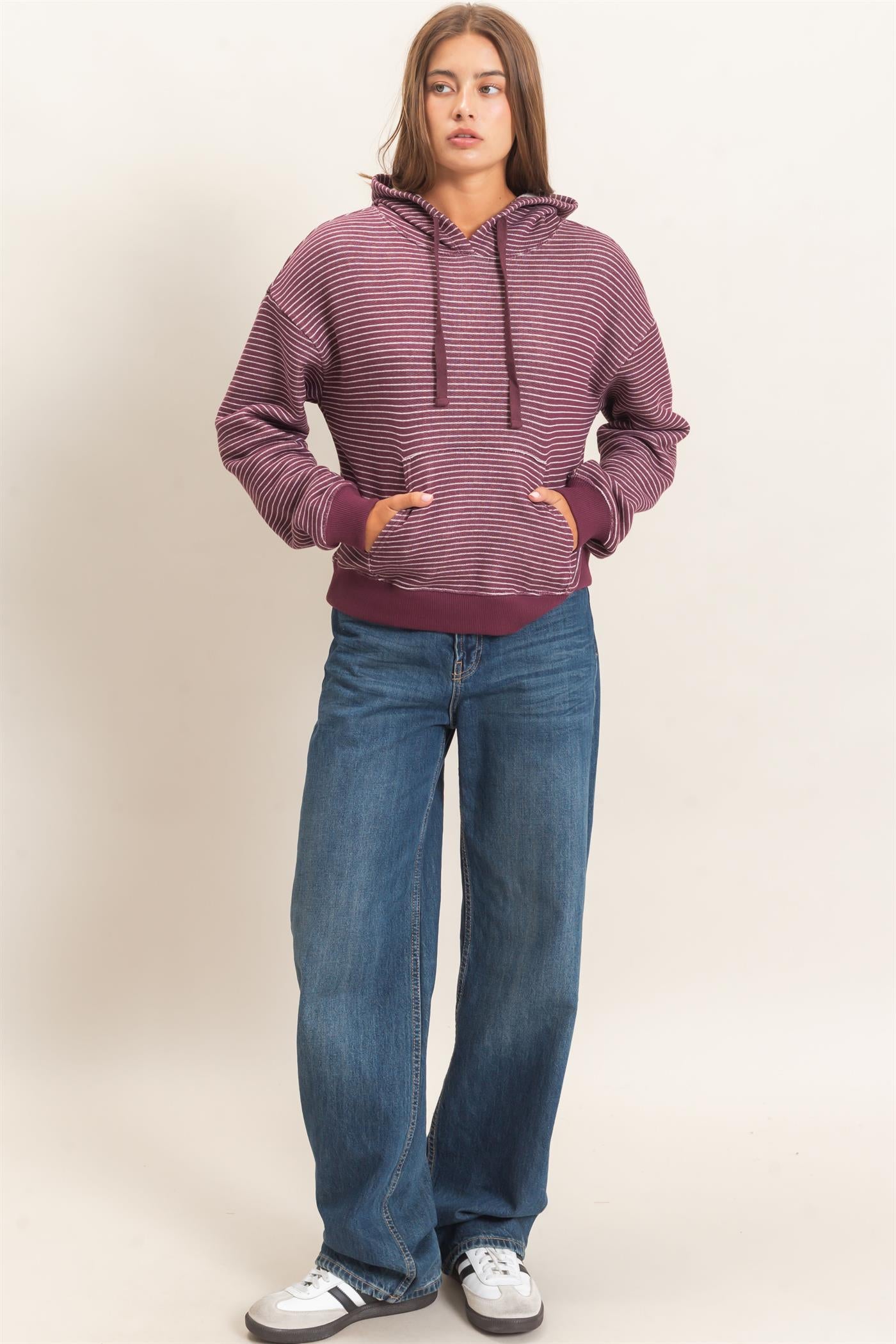 Wholesale Striped French Terry Hoodie Hoodies DZ26C619 DARK CHERRY DOUBLE ZERO