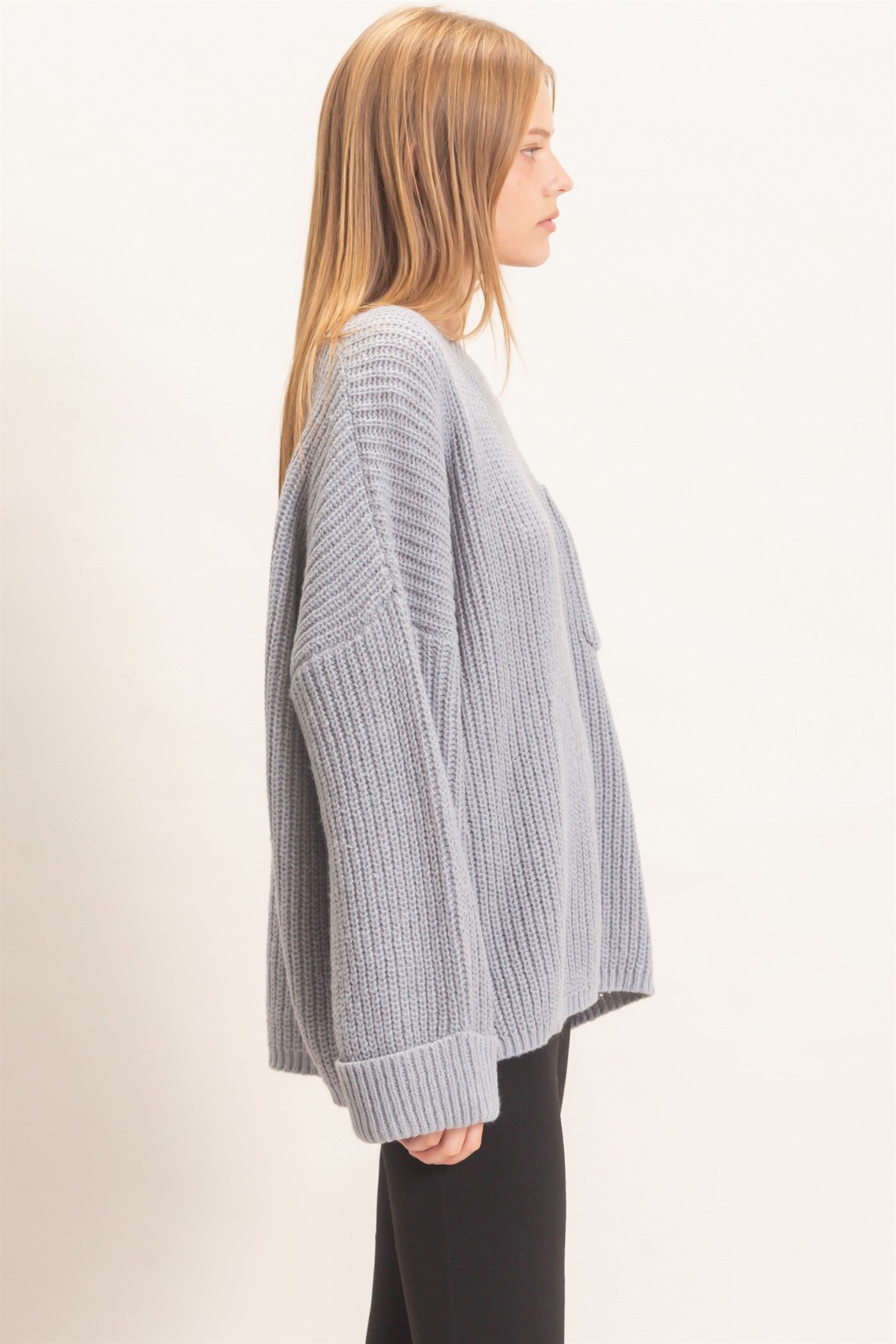 Wholesale Ribbed Knit Patch Pocket Sweater Sweaters HF26F177 H.GRAY HYFVE