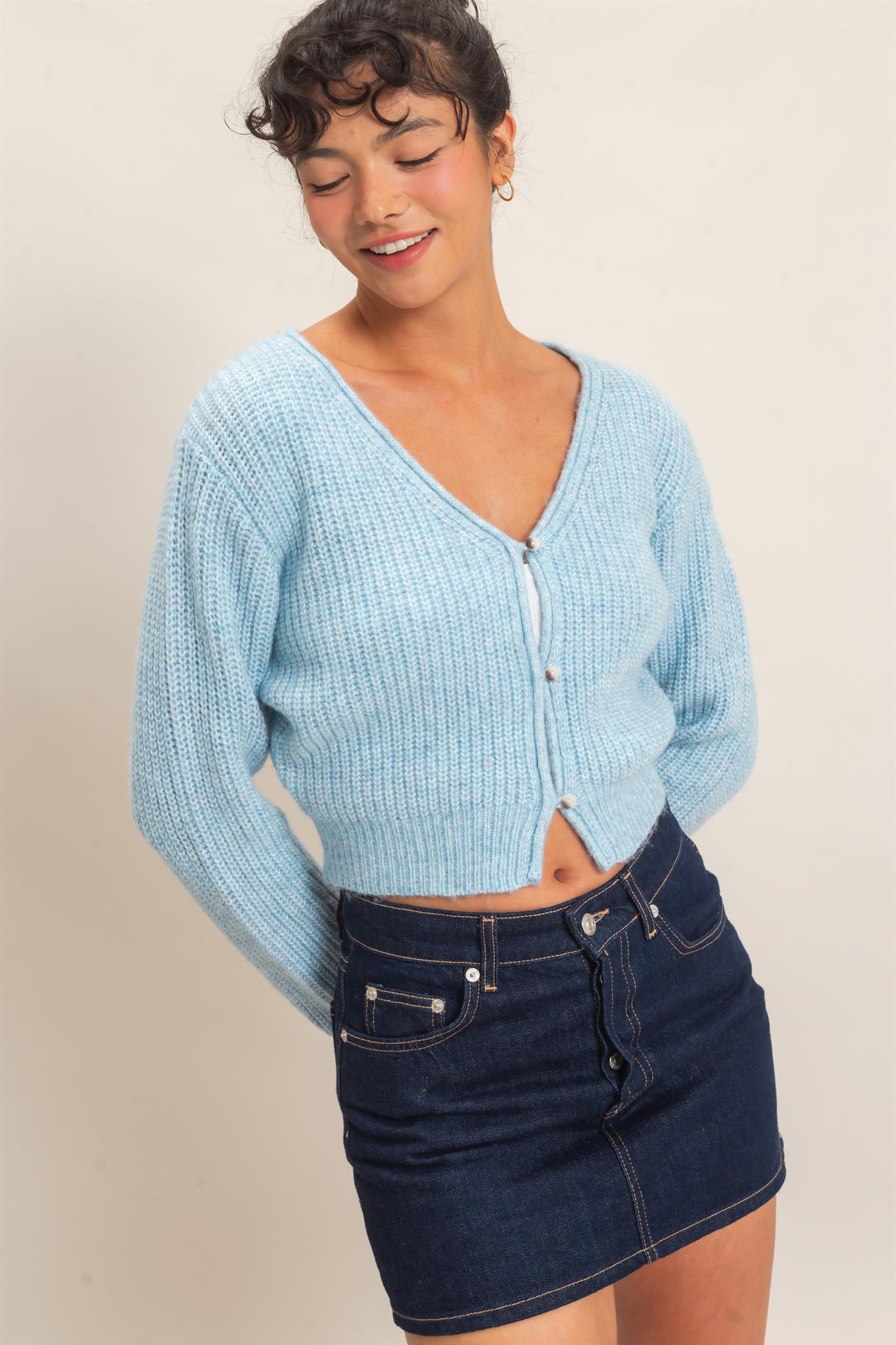 Wholesale V-Neck Ribbed Cardigan Cardigans DZ26E106 BLUE DOUBLE ZERO