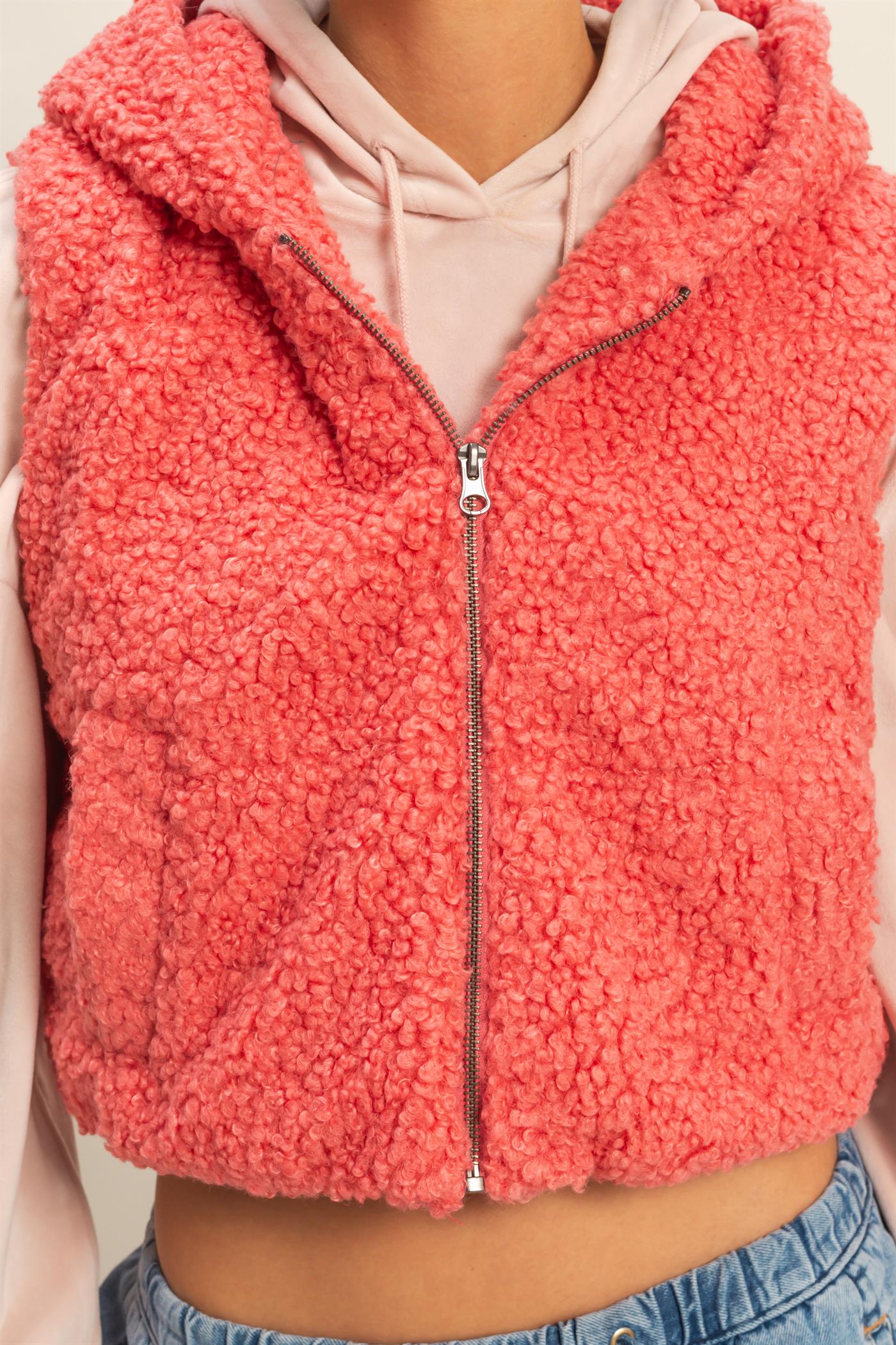 Wholesale Fluffy Full Zip Cropped Hooded Vest Vests DZ24A075 TEA ROSE DOUBLE ZERO