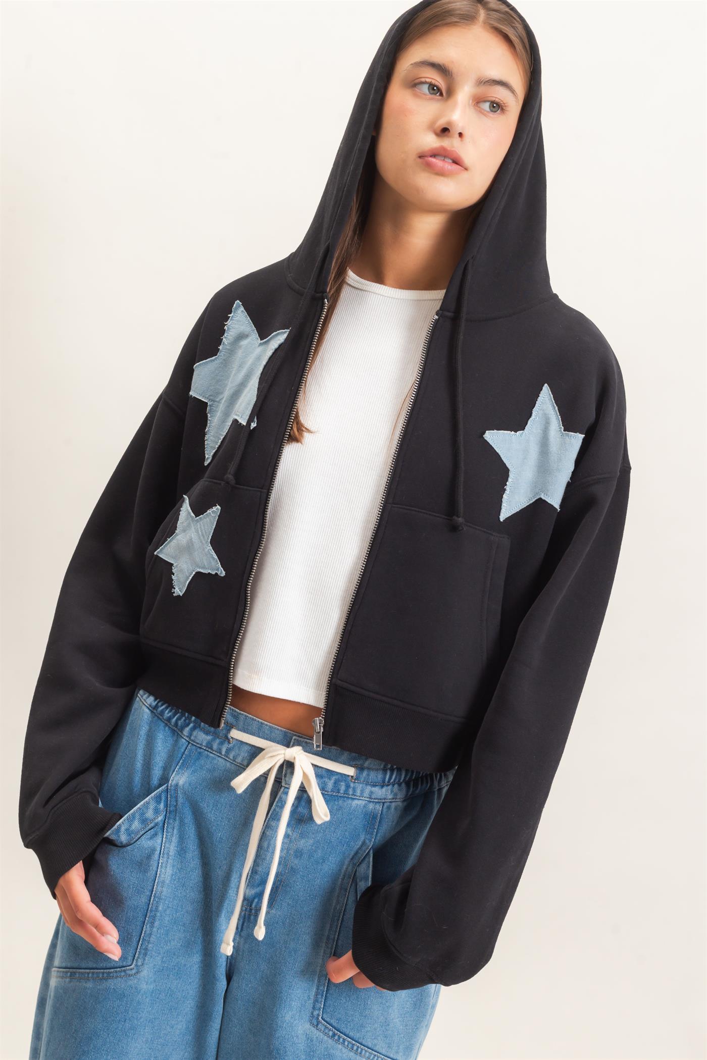 Wholesale Star Patch Zip-Up Hoodie Hoodies DZ26E828 BLACK DOUBLE ZERO
