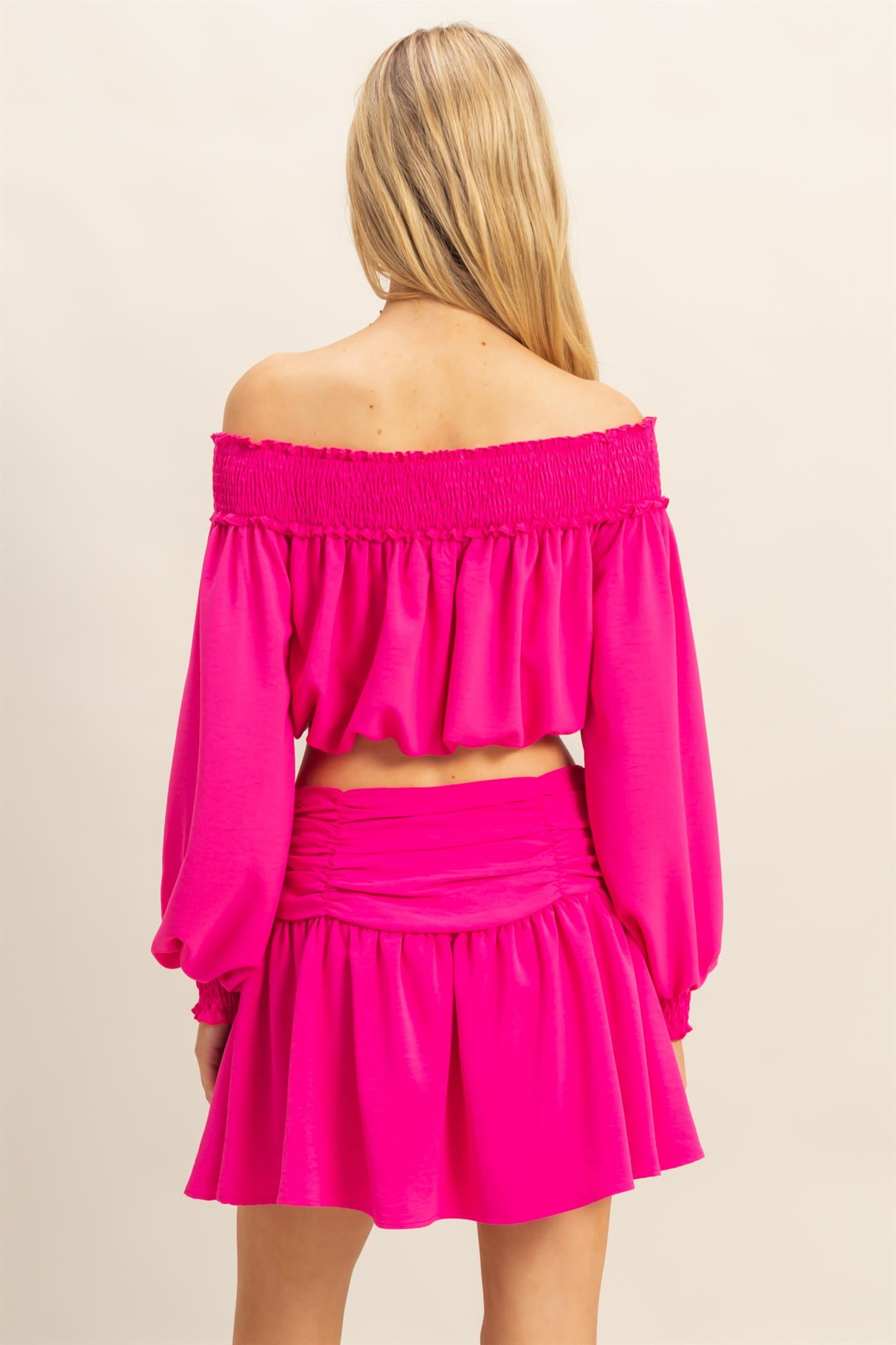 Wholesale Romantic Off Shoulder Top And Gathered Skirt Set Clothing HF25A243-SET FUCHSIA HYFVE