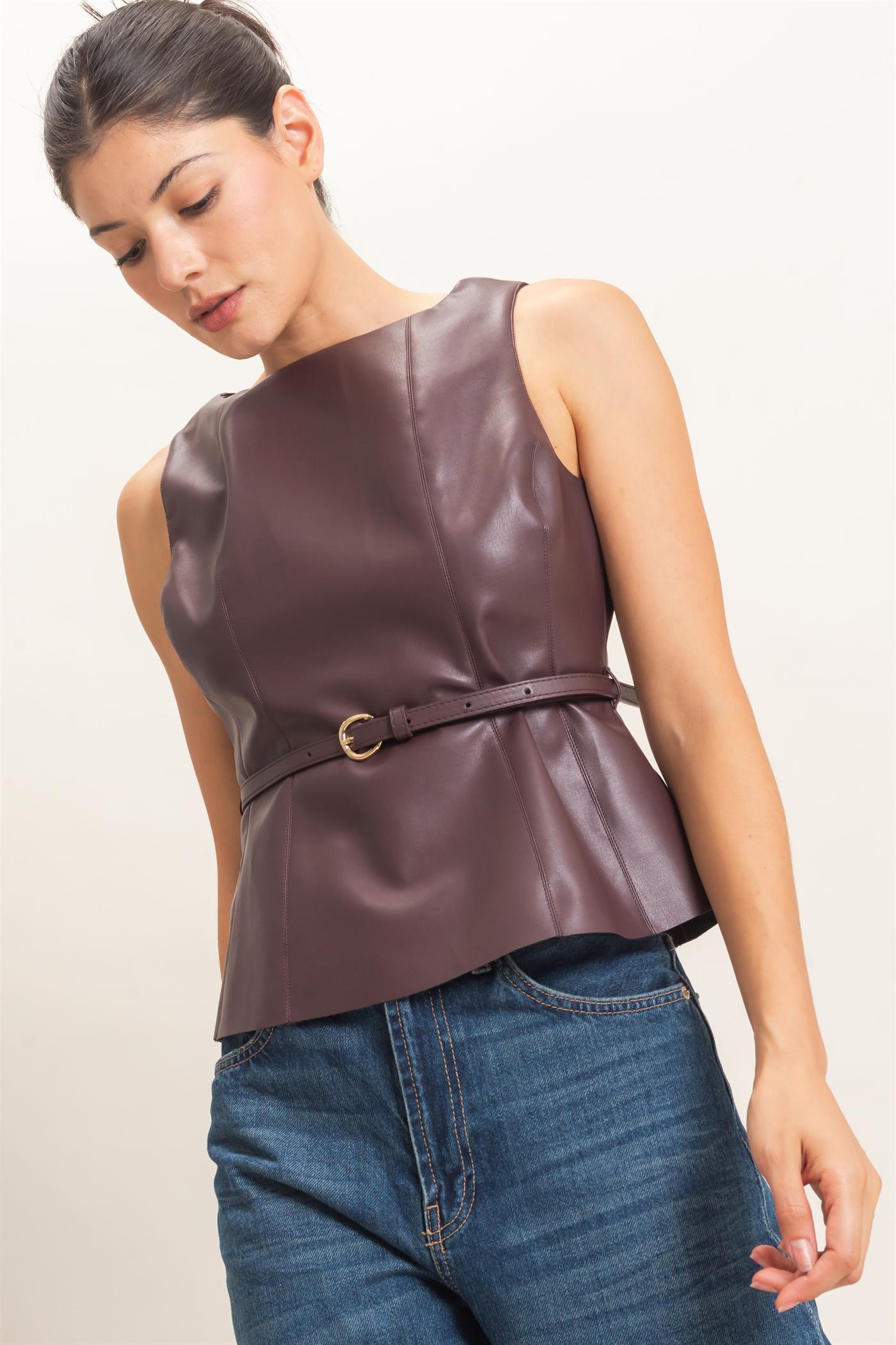 Wholesale Sleek Faux Leather Belted Top Clothing Tops HF26E543 DARK CHERRY HYFVE