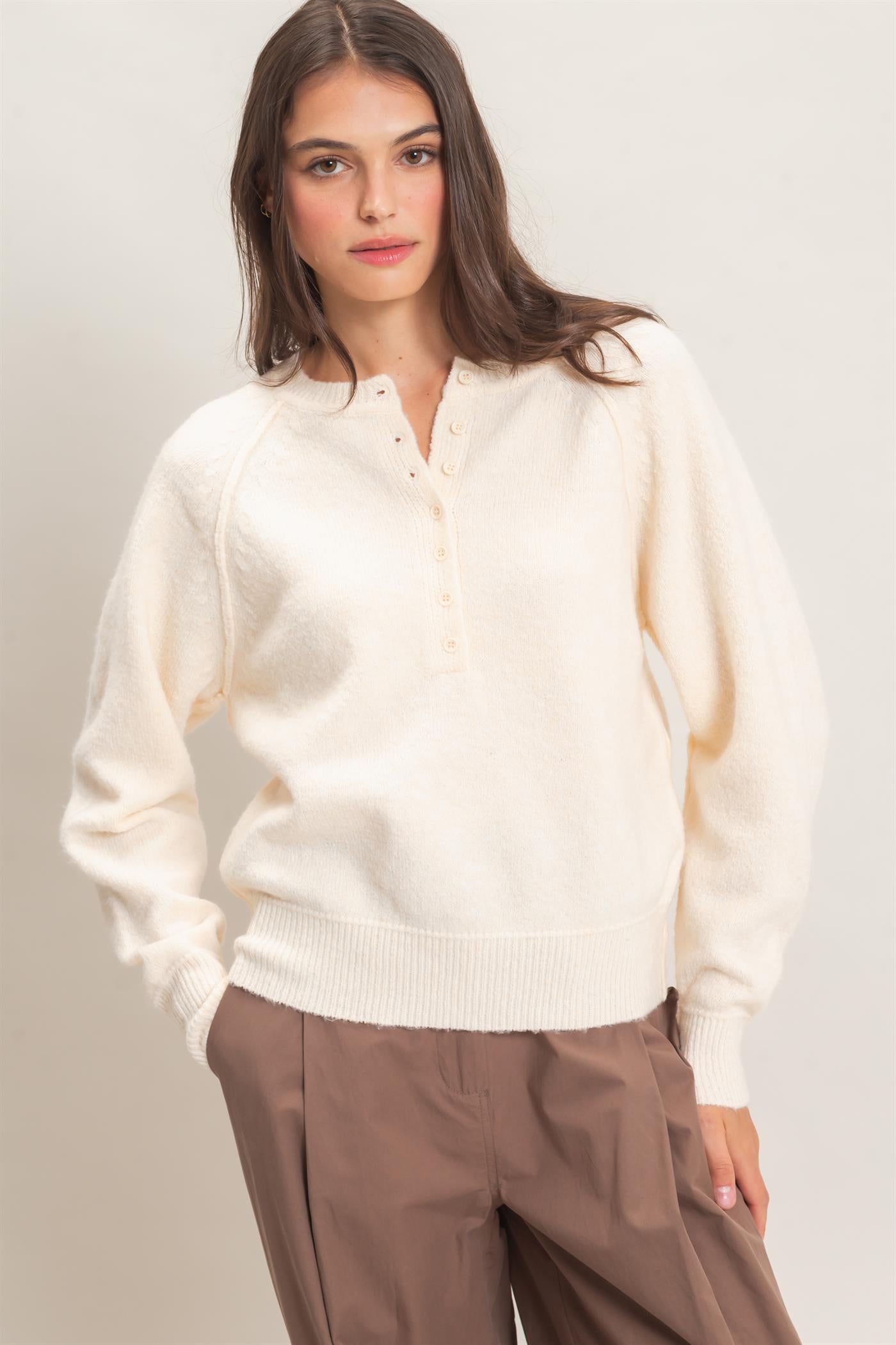 Wholesale Button Front Raglan Sweater Sweaters HF26E152 VANILLA CREAM HYFVE