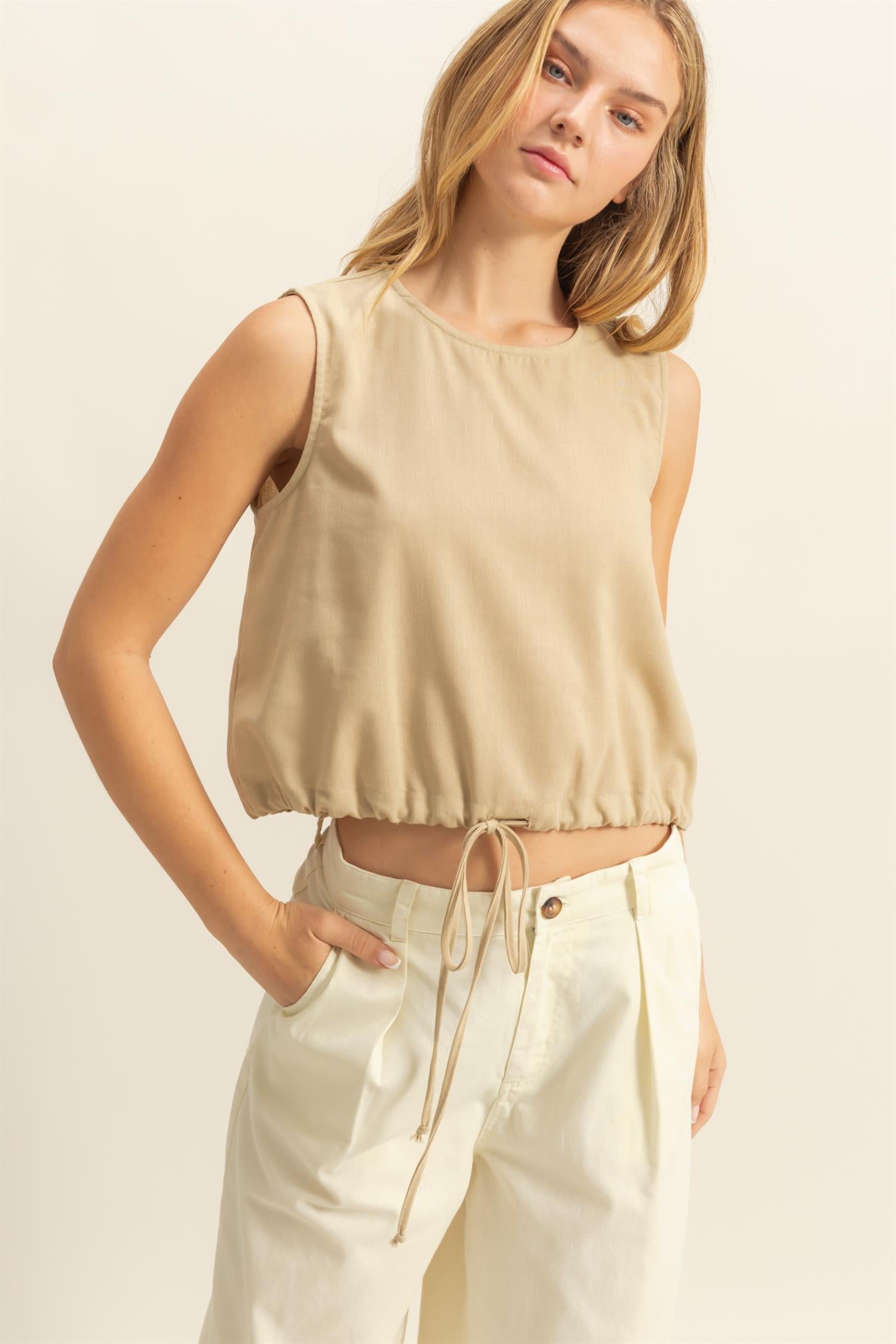 Wholesale Sand Washed Sleeveless Crop Top Clothing Tops DZ25C515 LIGHT TAUPE DOUBLE ZERO