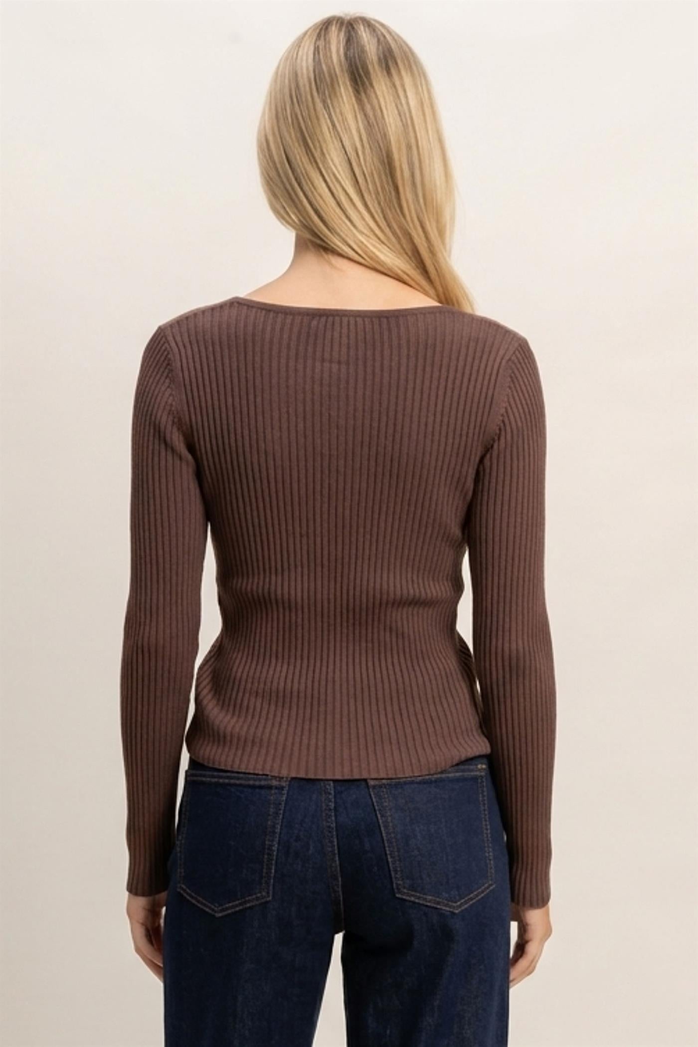 Wholesale Ribbed Button Front Cardigan Cardigans DZ26E322 DARK BROWN DOUBLE ZERO