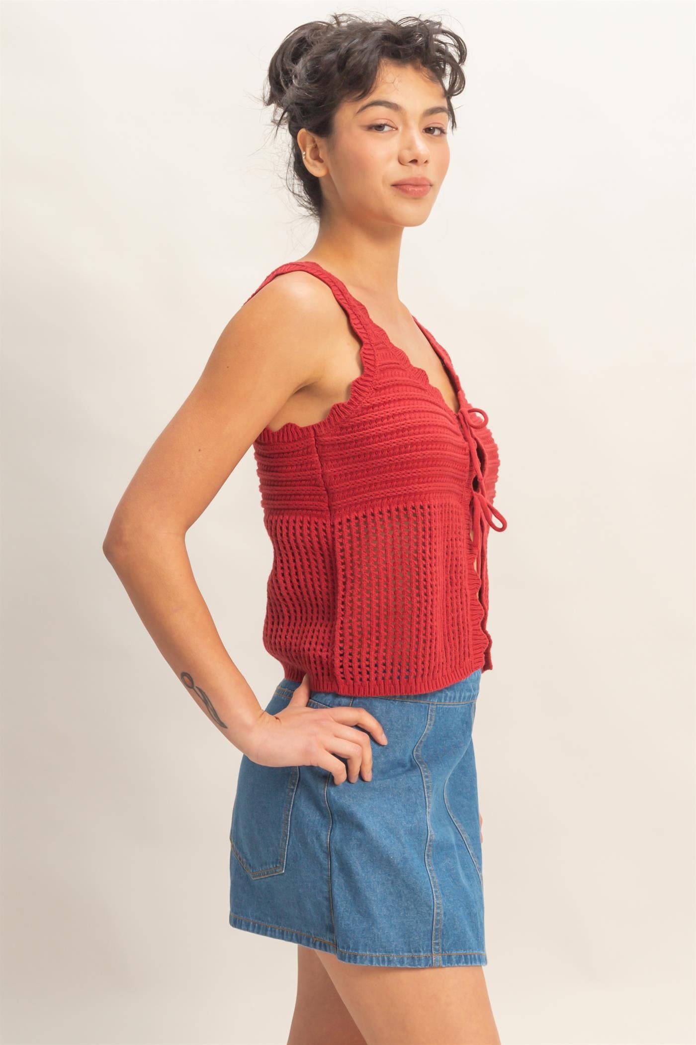 Wholesale Sleeveless Open Knit Double Tie-Front Vest Shirts DZ26A809 DARK RED DOUBLE ZERO