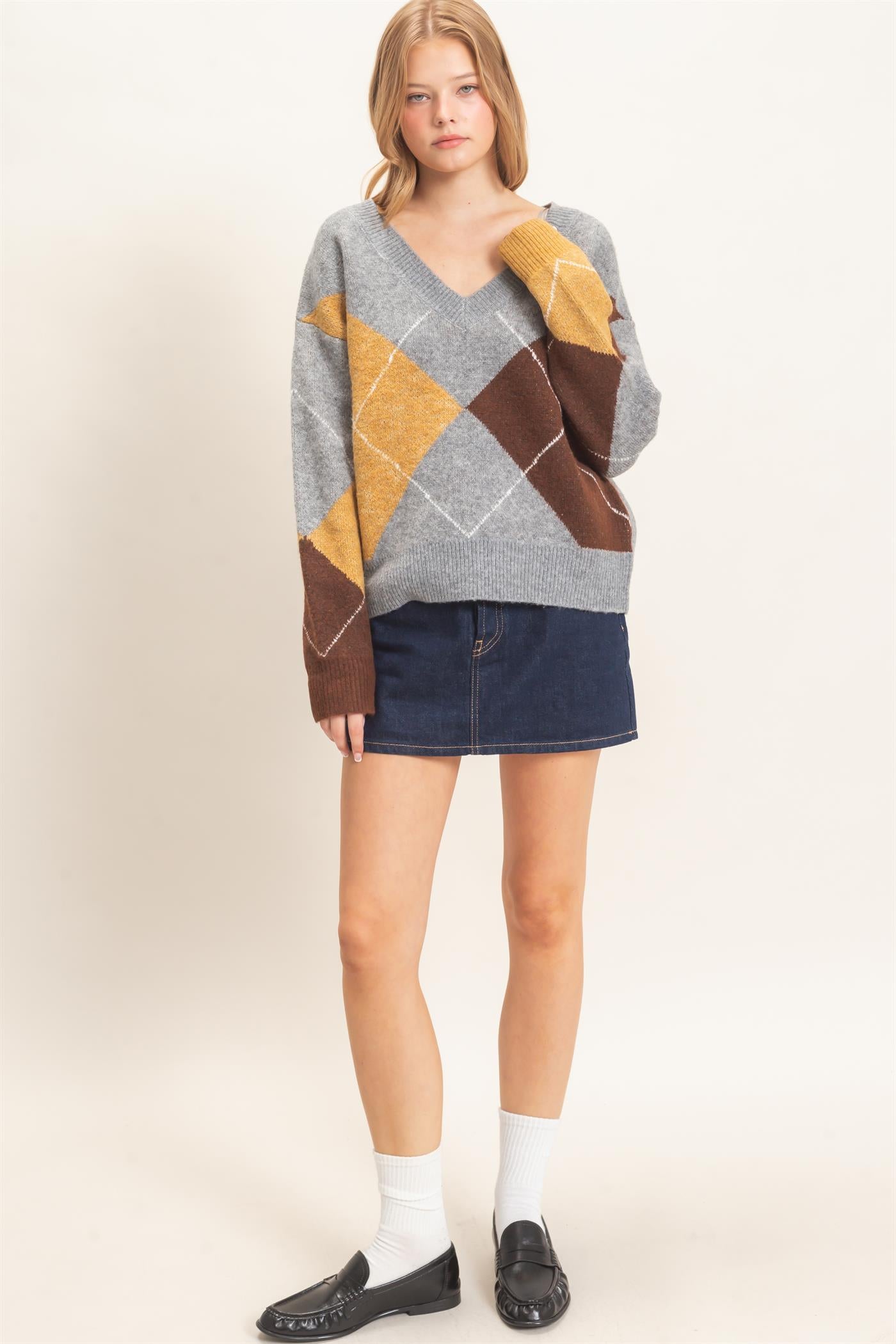 Wholesale Argyle Pattern V-Neck Sweater Sweaters HF26E475 HEATHER GRAY HYFVE