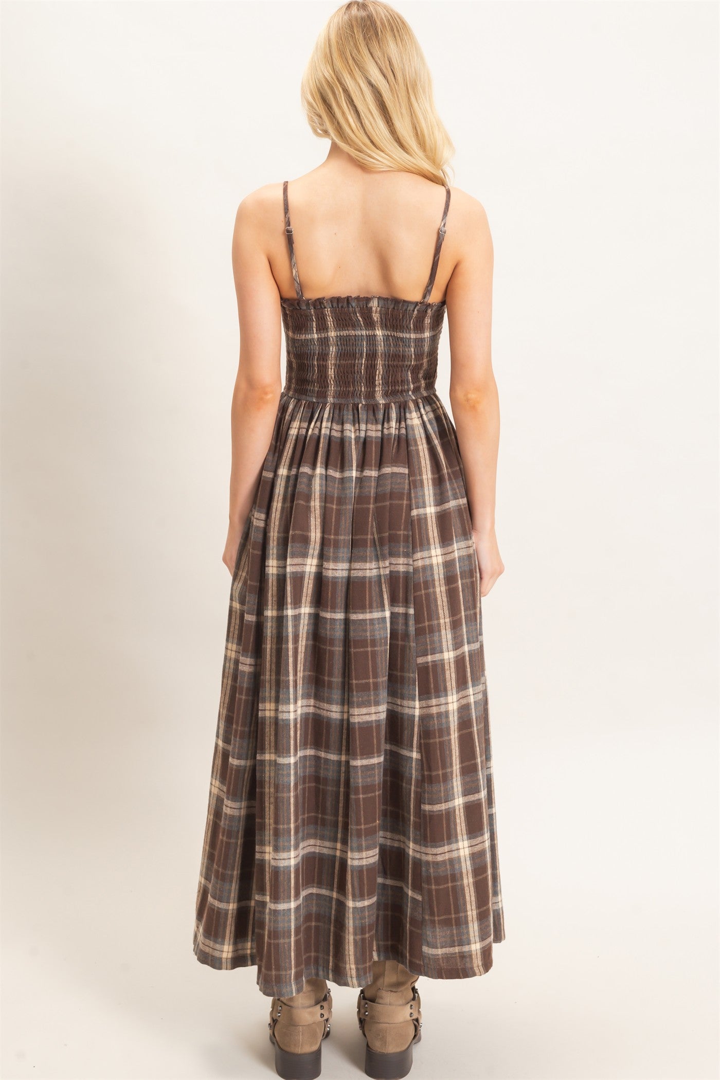 Wholesale Plaid Smocked Maxi Dress Dresses HF26C898 BROWN HYFVE