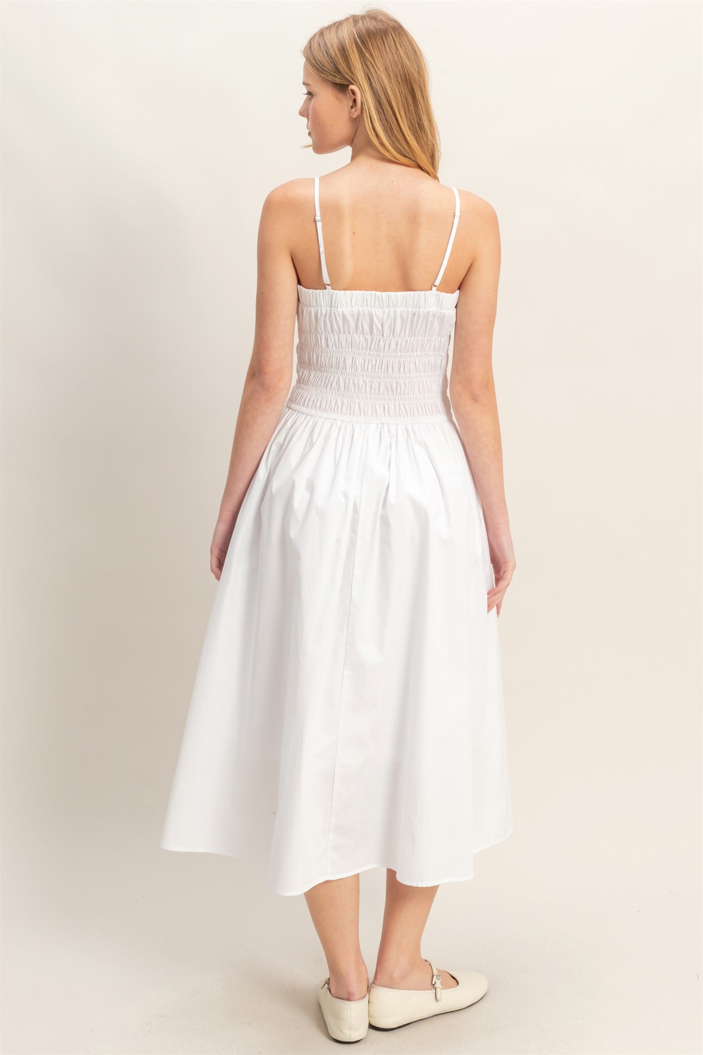 Wholesale Smocked Strapped Midi Dress Dresses HF26A624 WHITE HYFVE