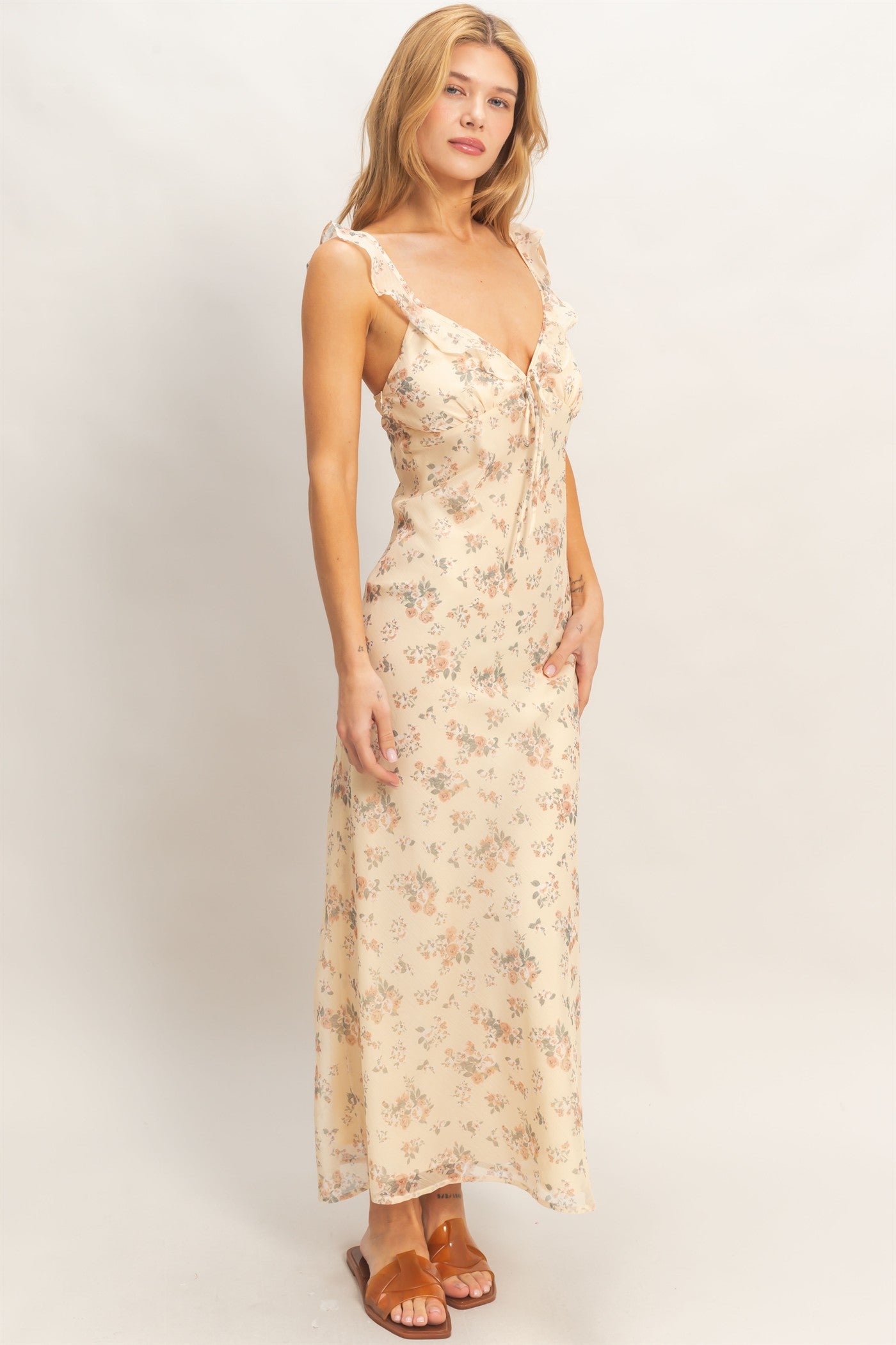 Wholesale Floral Ruffle Strap Midi Dress Dresses HF26E344 BUFF YELLOW HYFVE