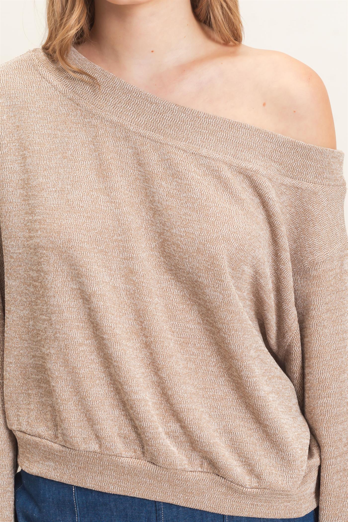 Wholesale Off Shoulder Knit Sweatshirt Blouses HF26F028 TAUPE HYFVE